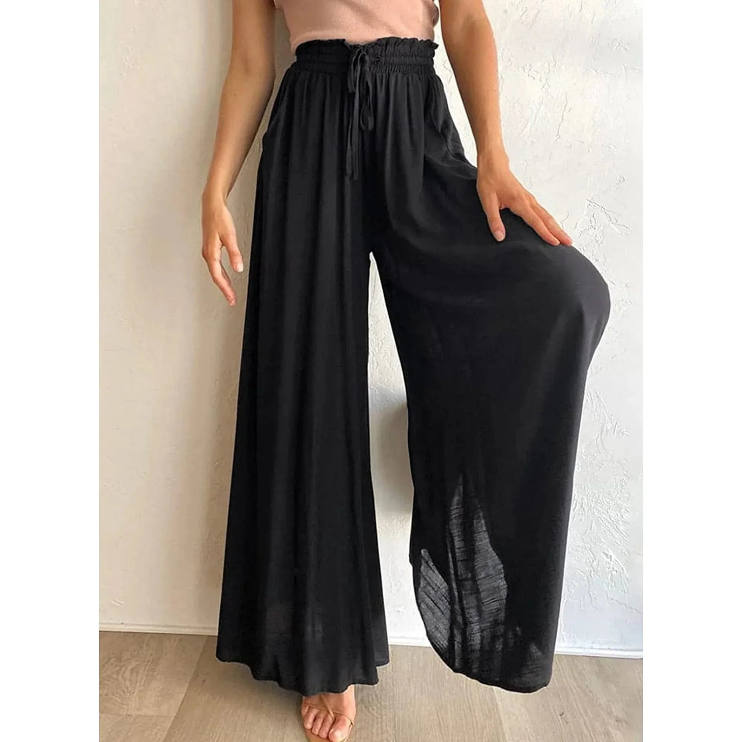 SOMER Women's Wide Leg Palazzo Pants Elastic High Waist Drawstring Trousers with Pockets Dressy Casual Flowy Lightweight Comfortable Lounge Pants