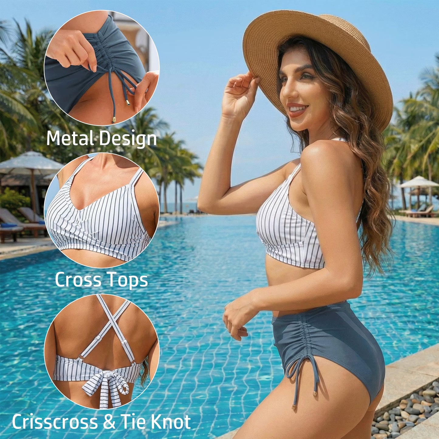SOMER Bikini Sets for Women Push Up Color Block 2 piece High Waisted Drawstring Tummy Control Swimsuits Crisscross Tie Back Bathing Suit Blue Gray