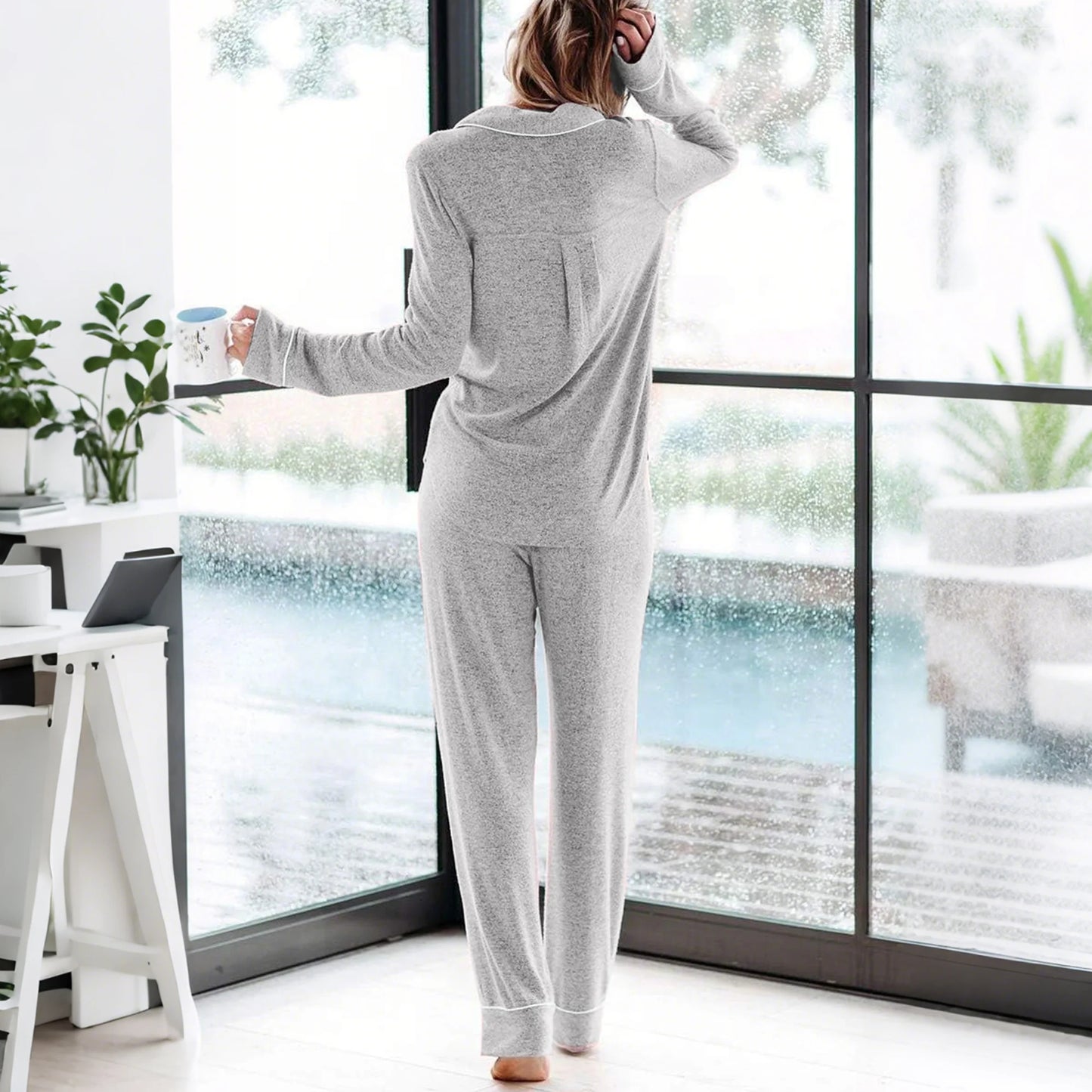 SOMER Pajamas for Women Set Cotton Long Sleeve Button-Down lounge Sets for Women PJ Sets Comfy Casual Pj Sets for Woman Soft Knit Sleepwear with Elastic