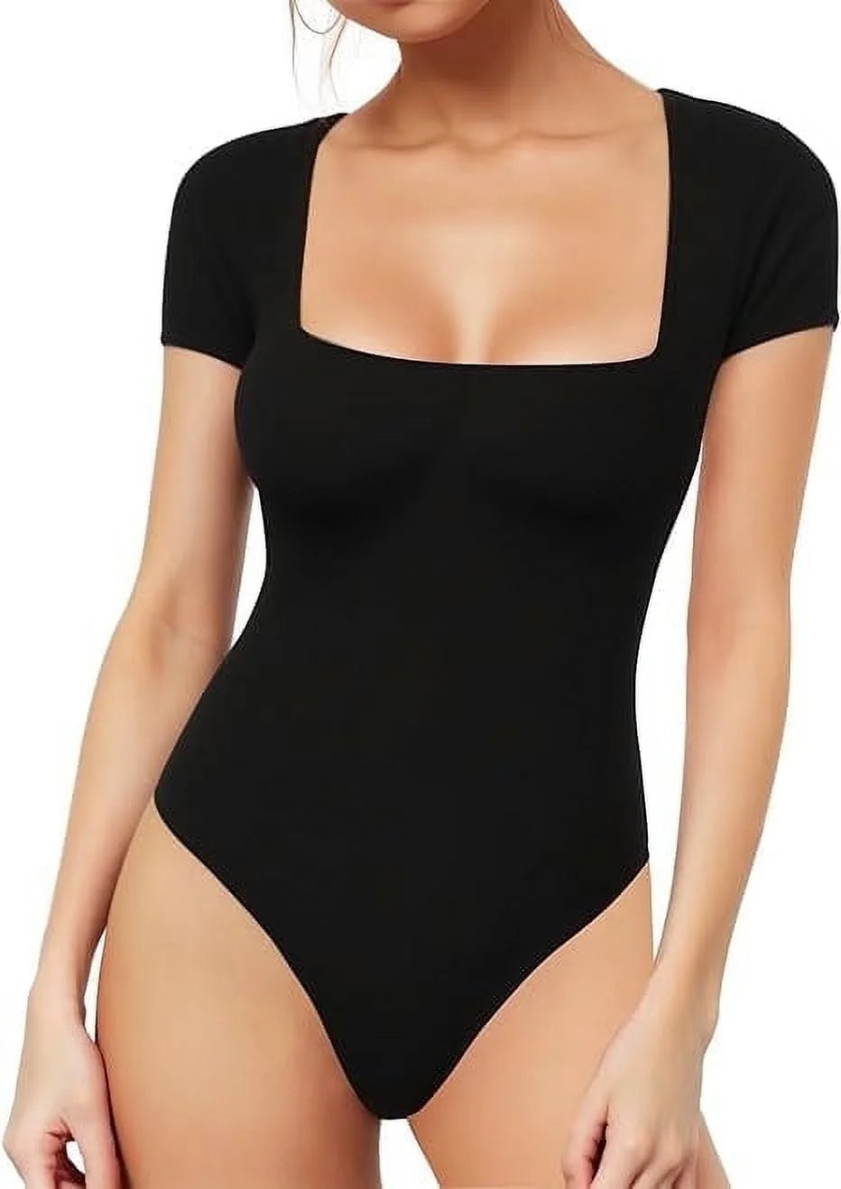 SOMER Body Suit Tummy Control Bodysuit Deep V Neck Short Sleeve Tops Black Bodysuits for Women Clothing