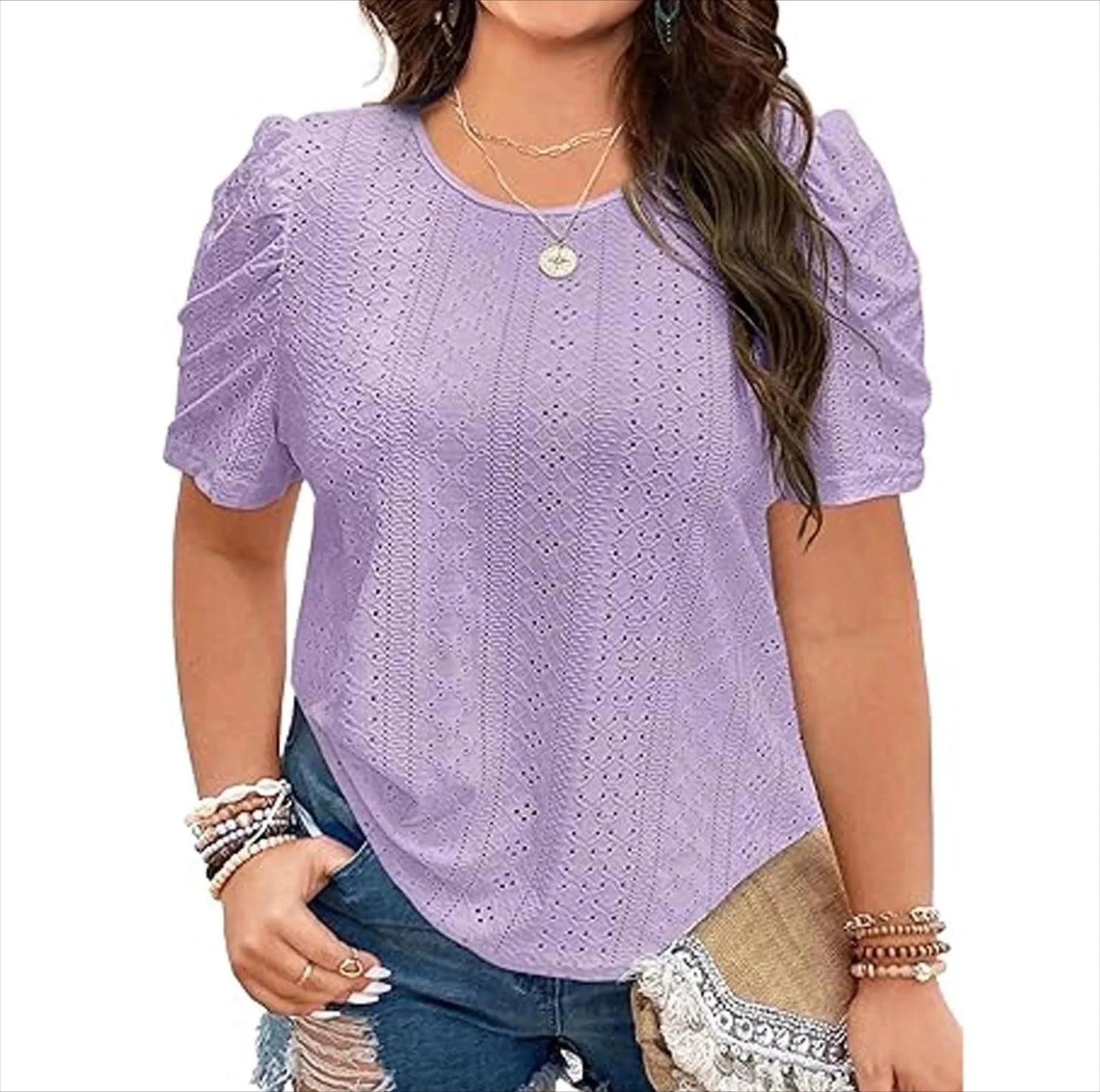 SOMER Plus Size Women Blouses Trendy Eyelet Cute Casual Short Sleeve Tops 2025 Purple