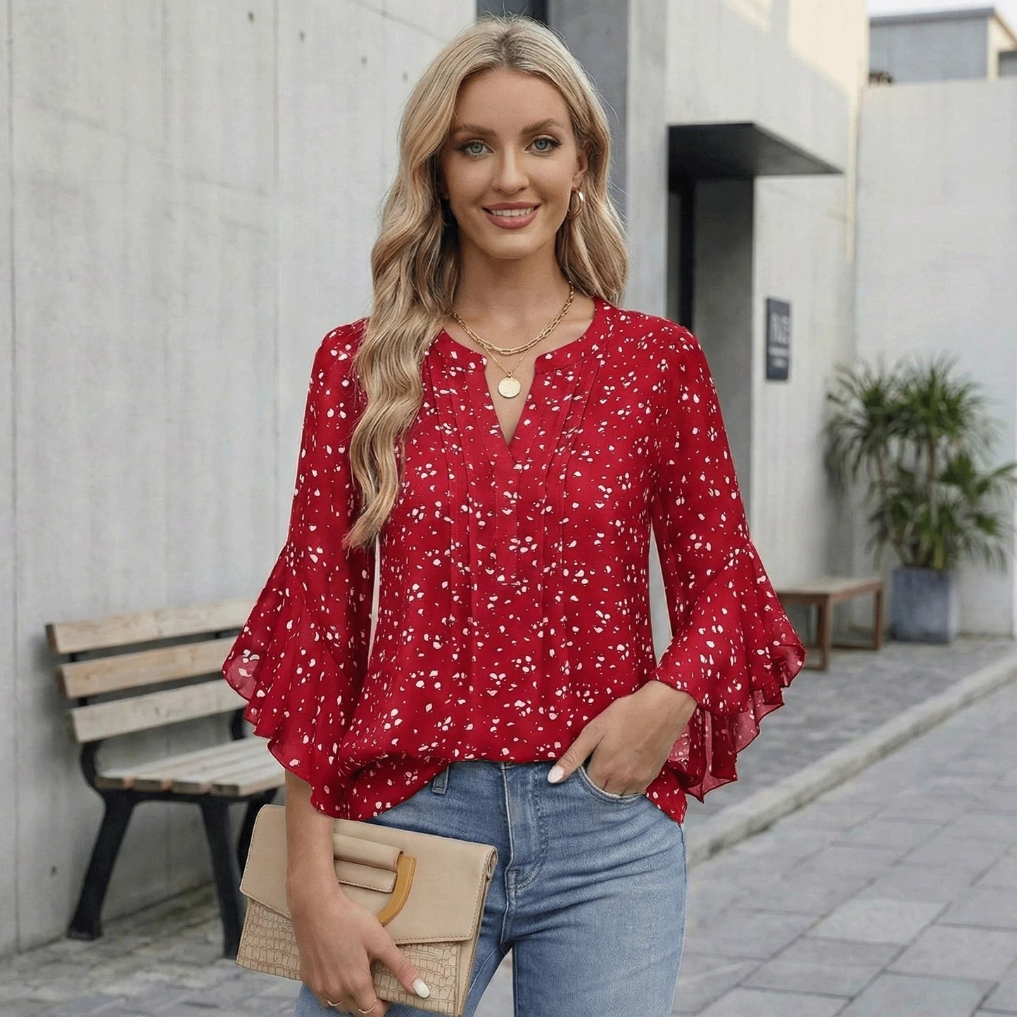 SOMER Women’s Flowy Tops Business Work Top 3/4 Sleeve Blouses V-Neck Summer Dressy Casual Shirts Red