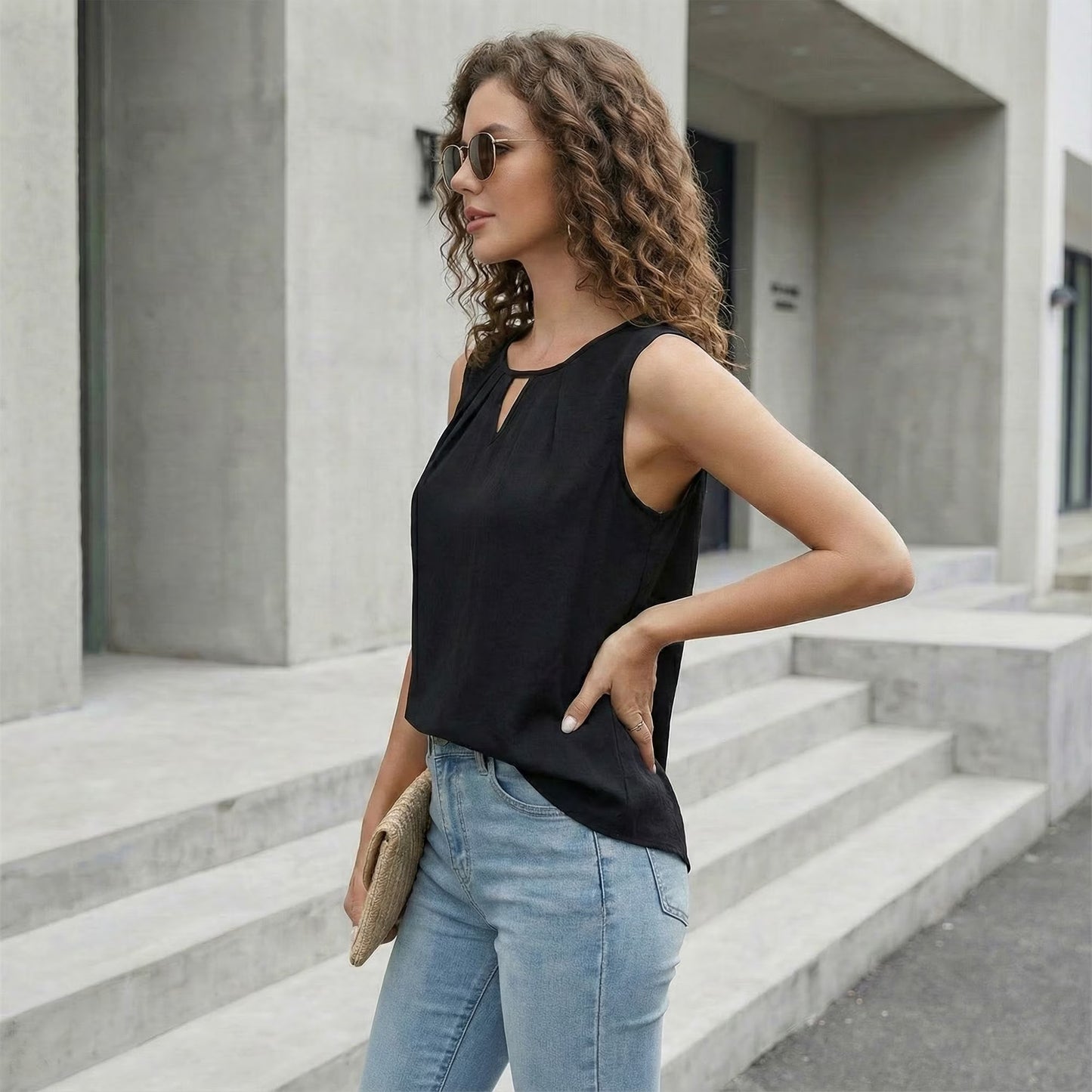 SOMER Dressy Tank Tops for Women Keyhole Neck Pleated Neck Sleeveless Blouse Casual Business Work Shirts Summer Trendy Black