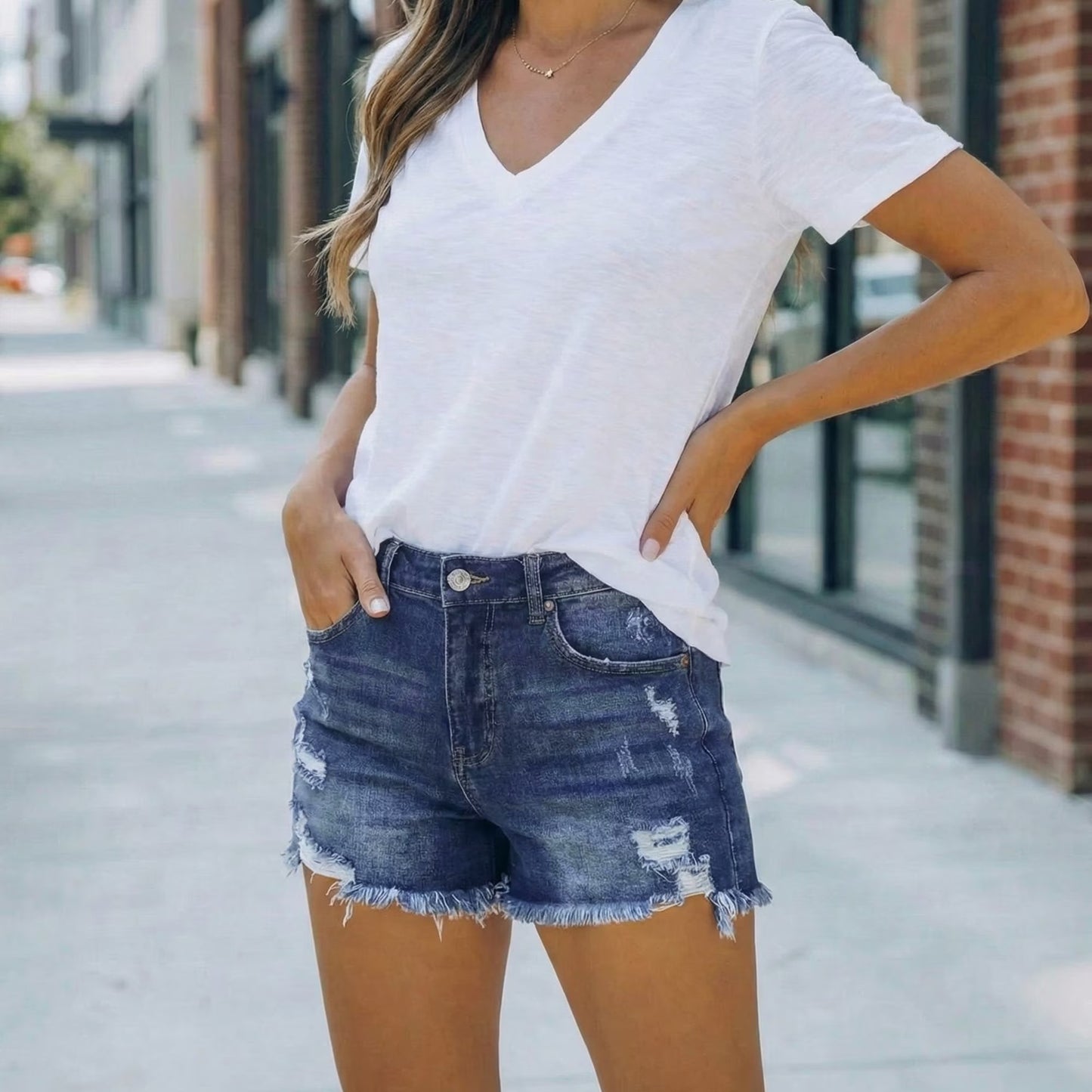 SOMER Womens Jean Shorts Denim Shorts with Pockets Mid Rise Ripped Frayed Hem Casual Trendy Blue Summer