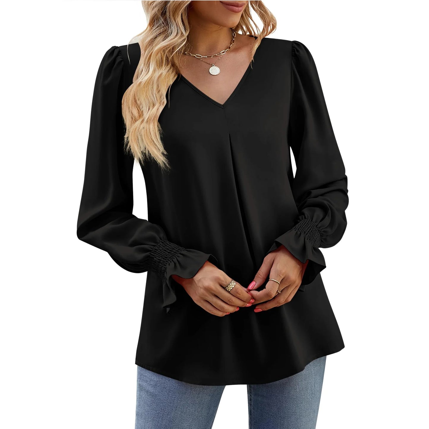 SOMER Blouses for Women Dressy Casual Ruffle Chiffon Long Sleeve Tops V Neck Loose Chiffon Work Blouse with Smocked Cuffs 2025