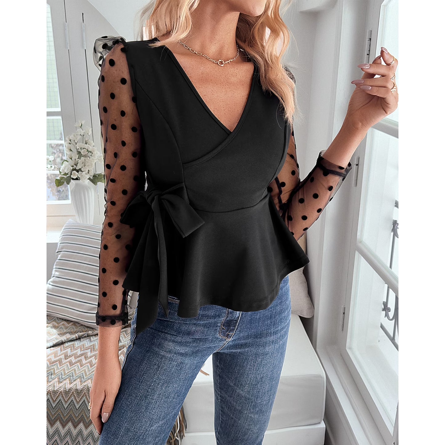 SOMER Womens V Neck Tops Black Going Out Tops for Women Dressy Casual Long Sleeve Lace Sexy Tops Trendy 2025