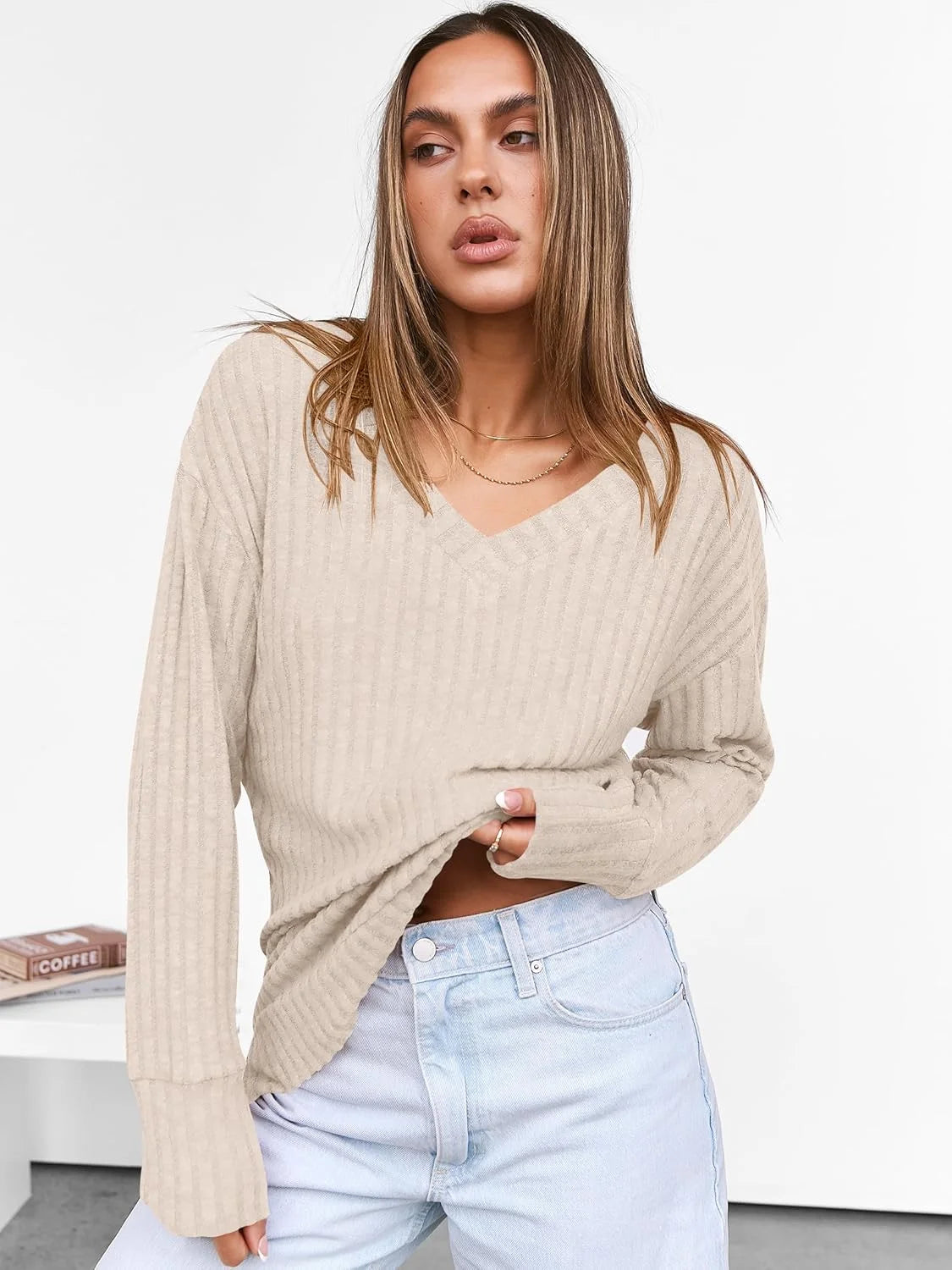 SOMER Long Sleeve Shirts for Women V Neck Casual Fall Tops Loose Fit Lightweight Sweaters Tunic Fashion 2025 Clothes Beige