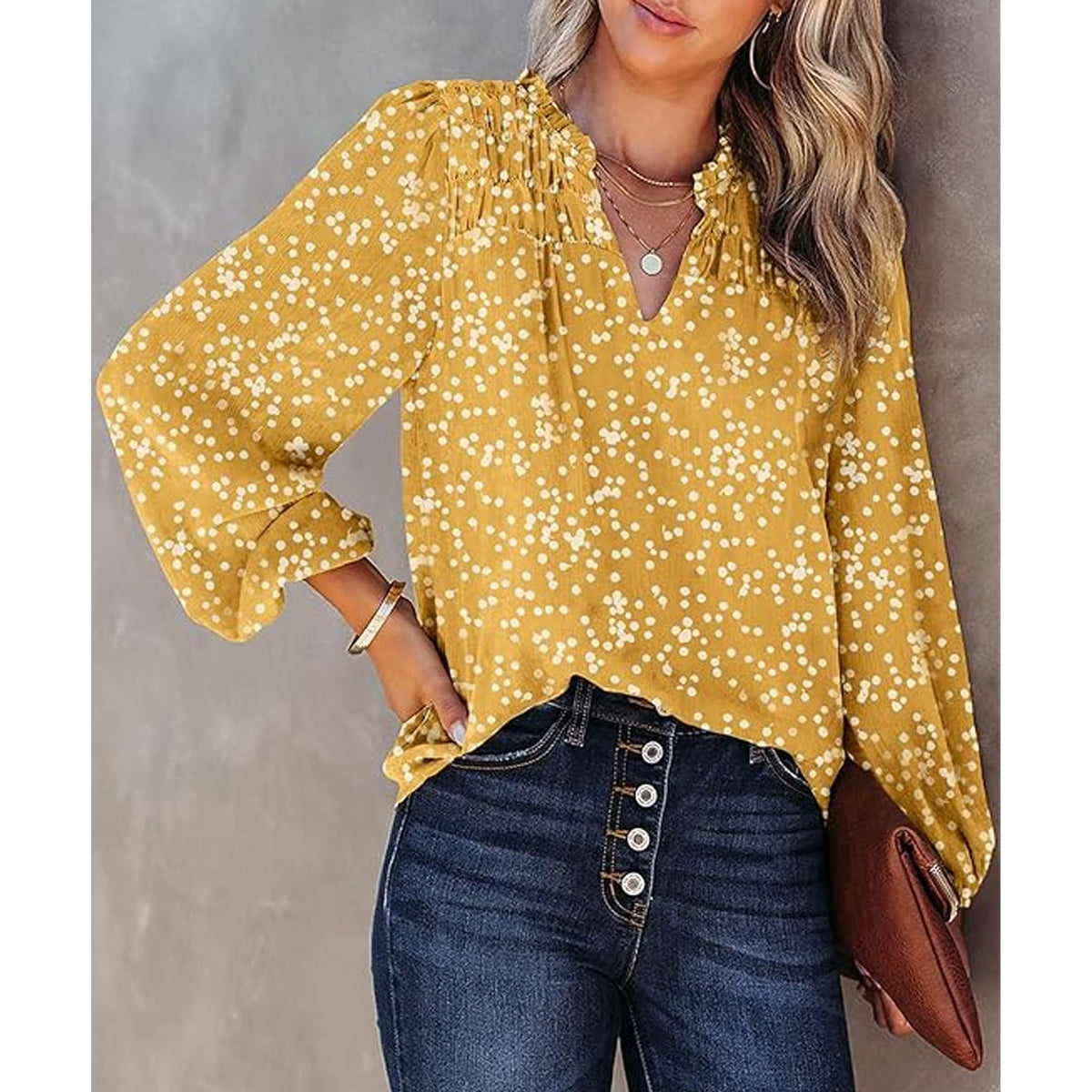 SOMER Boho Tops for Women Blouses for Women Dressy Casual V Neck Floral Printed Puff Yellow Tops Loose Trendy Fall