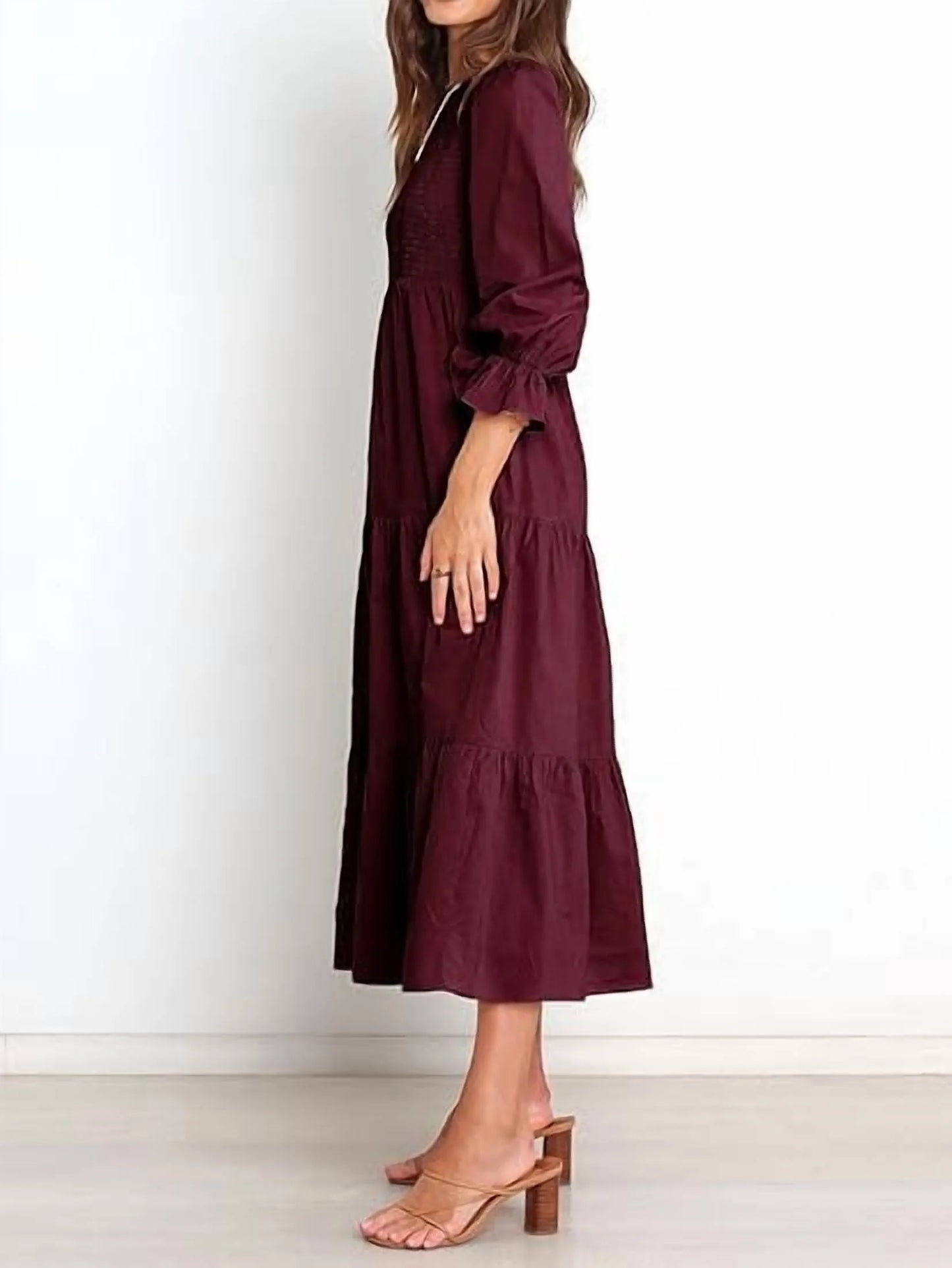 SOMER Womens Dress Long Sleeve Crew Neck High Waist Flowy Tiered Swing Long Dresses 2025 Fall Casual Fashion Wine Red