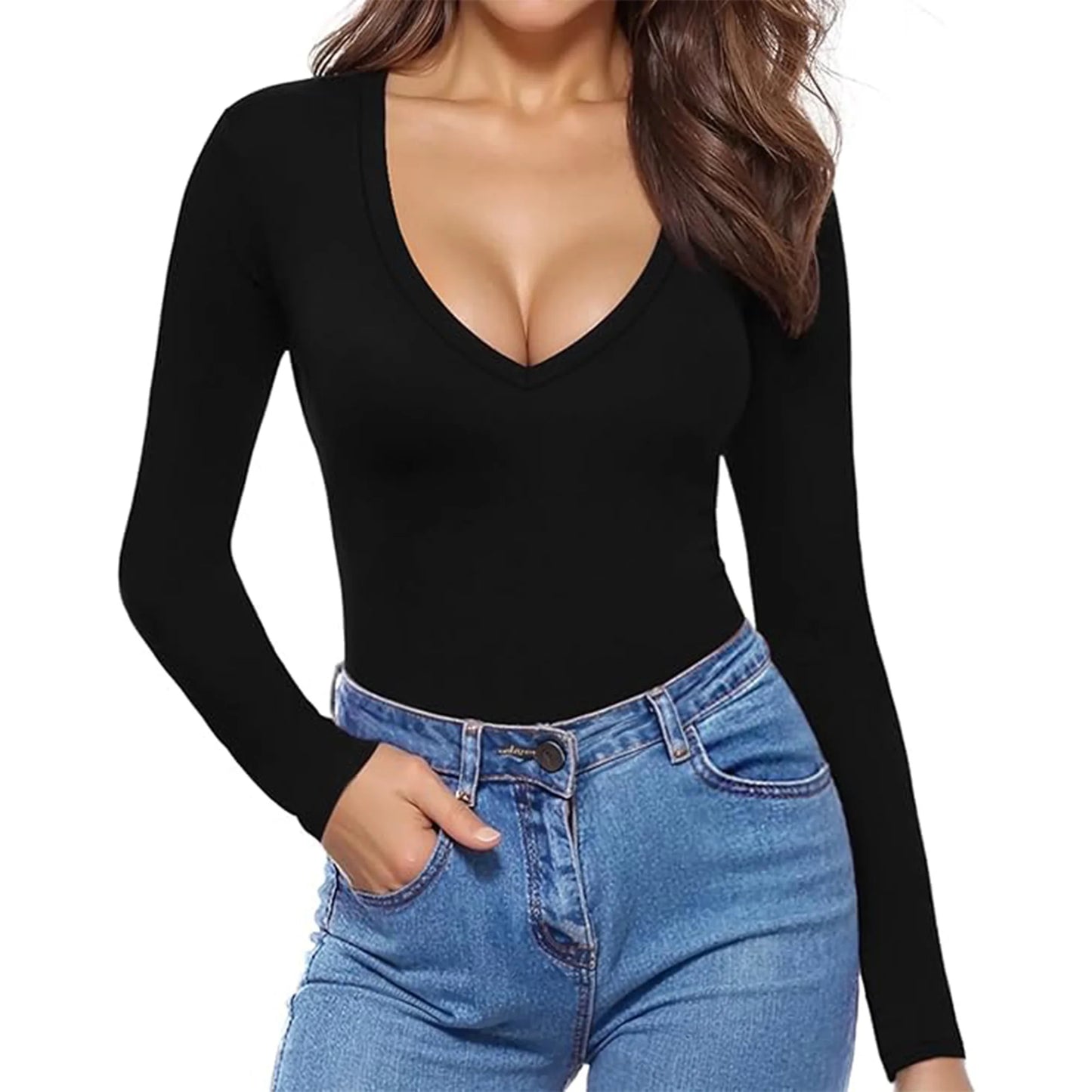 SOMER Body Suit Tummy Control Deep V Neck Long Sleeve Tops Black Bodysuit for Women Clothing