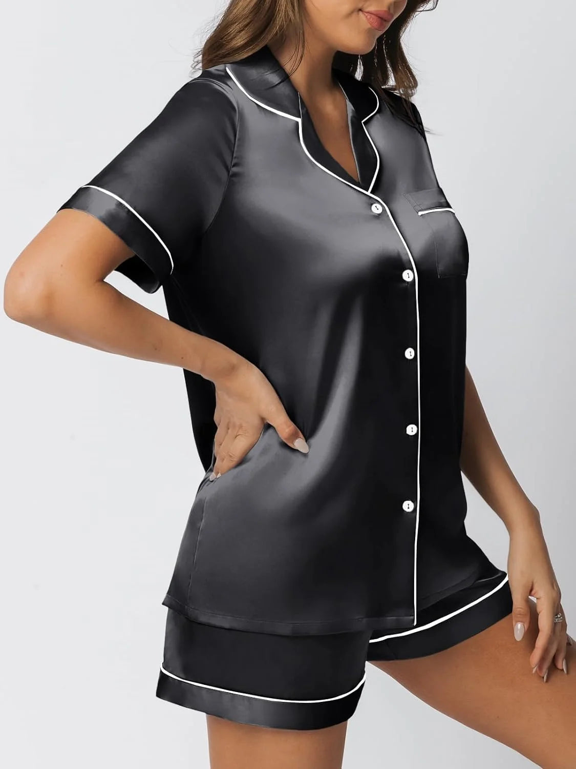 SOMER 2 Piece Pajama Set For Women Silk Satin Lounge Pjs Shorts Matching Summer Sleepwear Button Down Shirt Shorts Black.