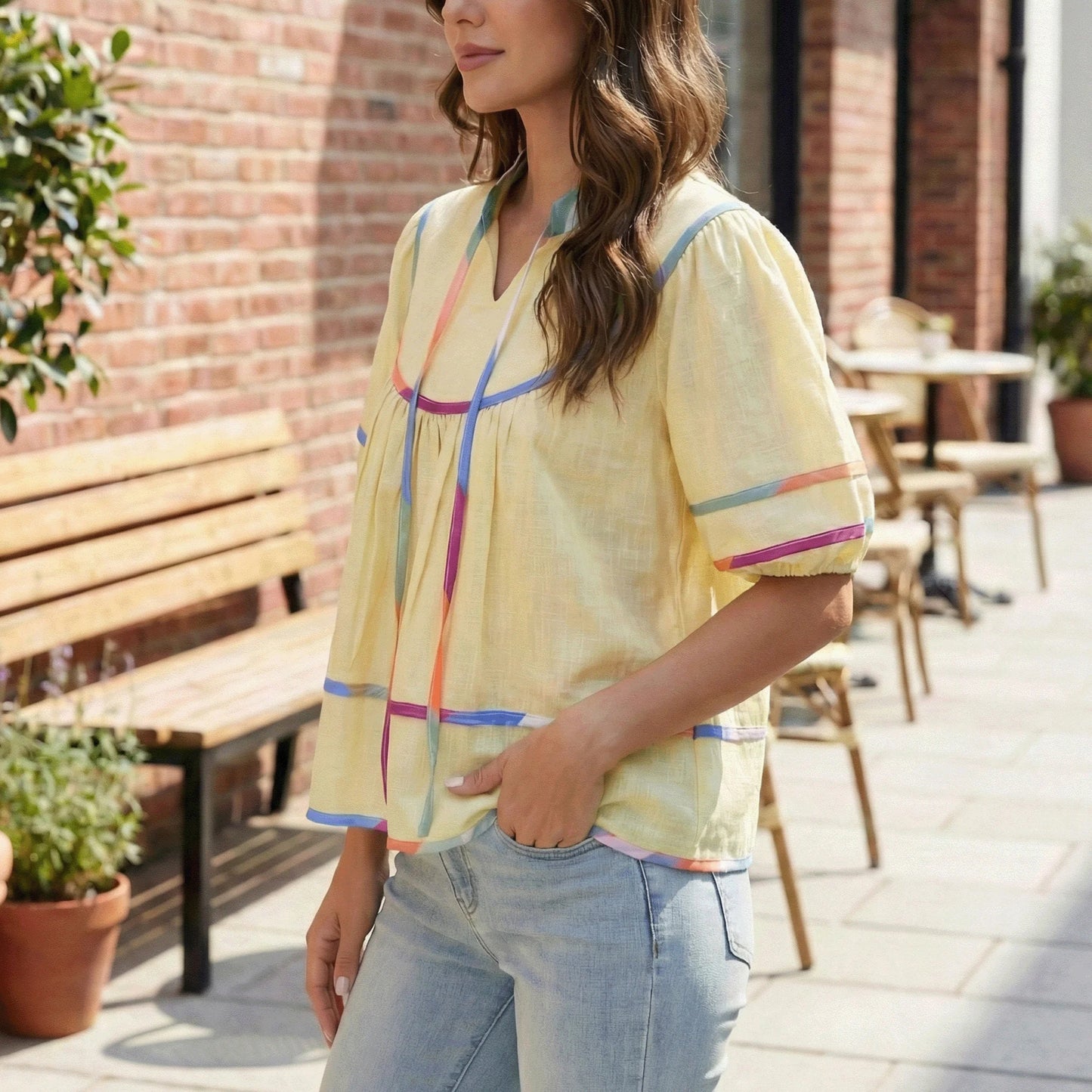 SOMER Womens Peplum Tops Going Out Top Casual Short Sleeve V-Neck Blouse Flowy Shirt with Color Trim for Work,2026 Spring Summer Trend