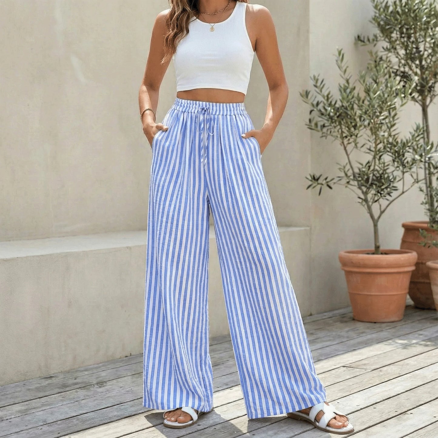 SOMER Women’s Wide Leg Pants Elastic Waist Striped Drawstring Lightweight Palazzo Pants Casual Lounge