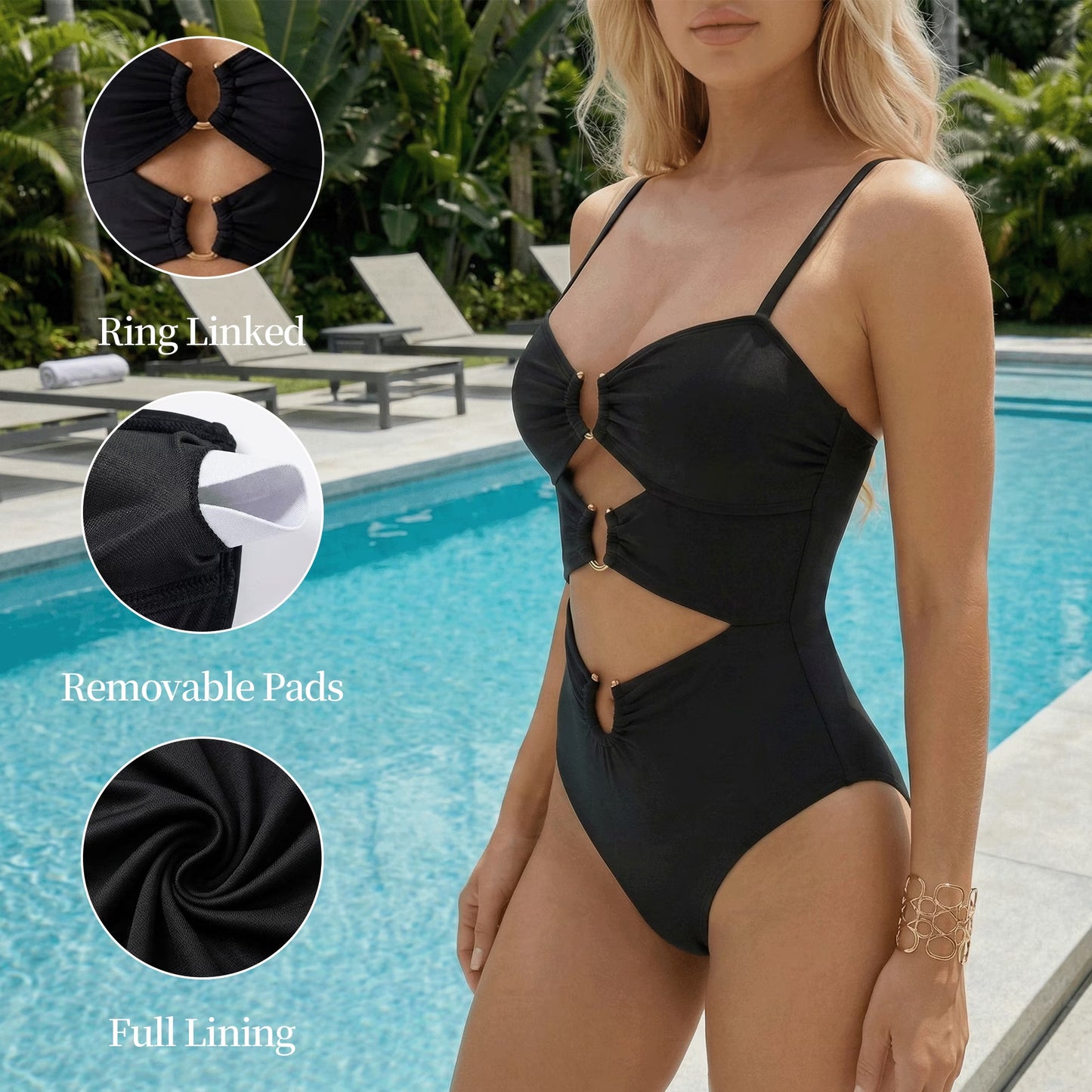 SOMER One Piece Swimsuit for Women Tummy Control Ring Linked Monokini Bathing Suit Cutout Swim Suit