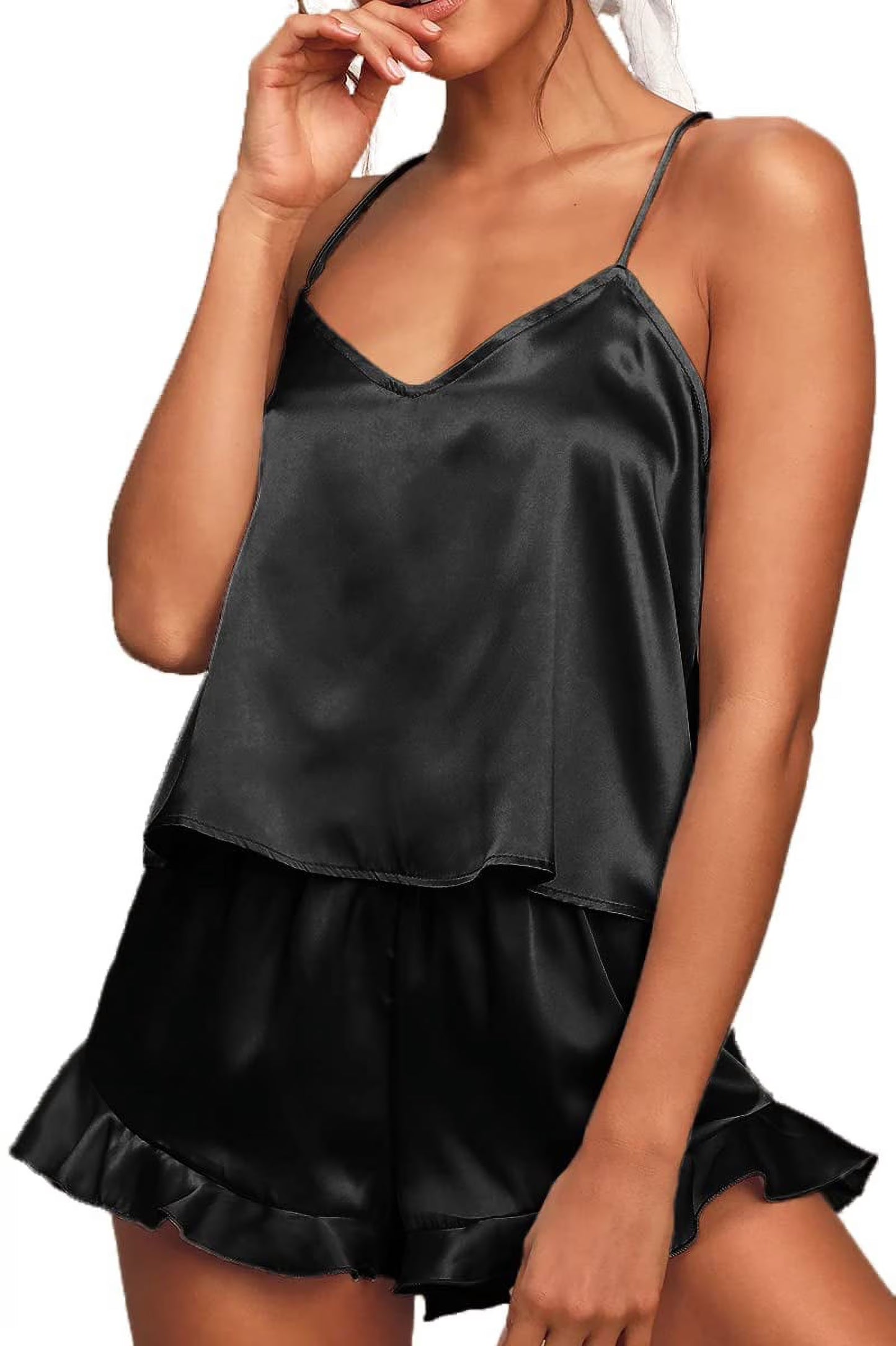 SOMER Sexy Pajamas for Women Set Silk Satin Ruffled Cute Pajama Sets for Women 2 Piece Cami White Shorts Sets Cozy Sleepwear