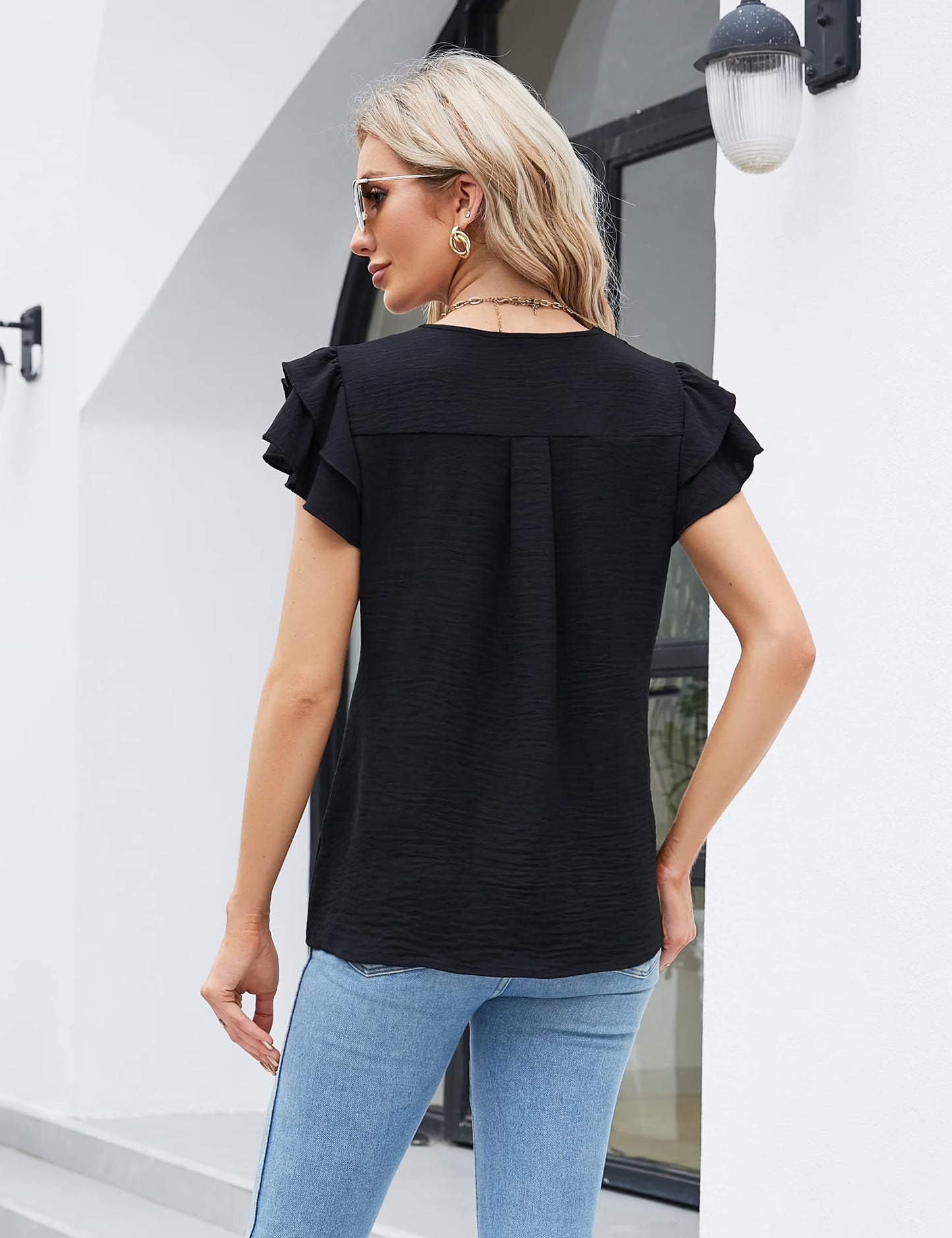 SOMER Womens Dressy Shirts Ruffle Short Sleeve V Neck Work Blouse Business Casual Summer Cute Tops 2026 Black XL