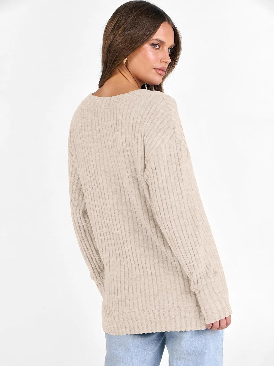 SOMER Long Sleeve Shirts for Women V Neck Casual Fall Tops Loose Fit Lightweight Sweaters Tunic Fashion 2025 Clothes Beige