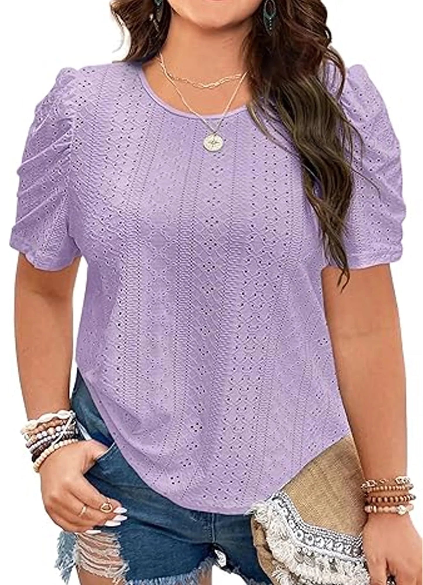 SOMER Plus Size Women Blouses Trendy Eyelet Cute Casual Short Sleeve Tops 2025 Purple