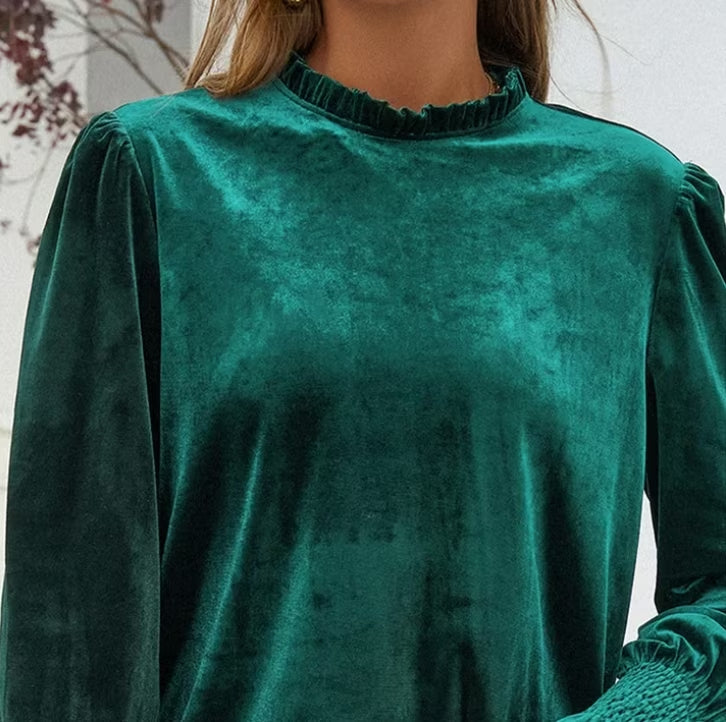 SOMER Womens Velvet Tops Long Sleeve Blouse Elegant Frilled Neck Dressy Shirt Business Casual Work Wear Fall Fashion