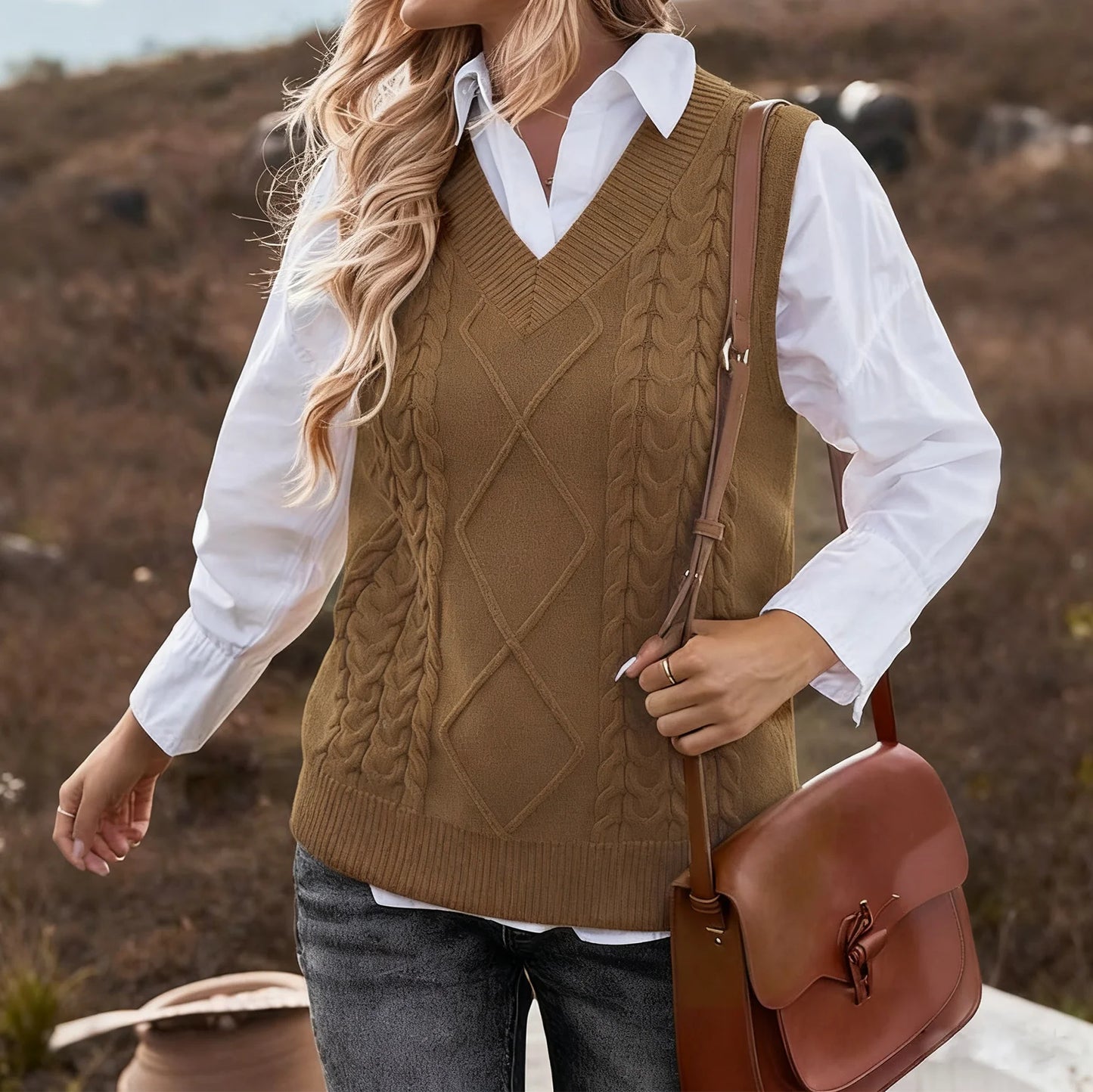 SOMER Women Sweater Vest Sleeveless V Neck Sweater Tops Loose Pullover Sweater Brown