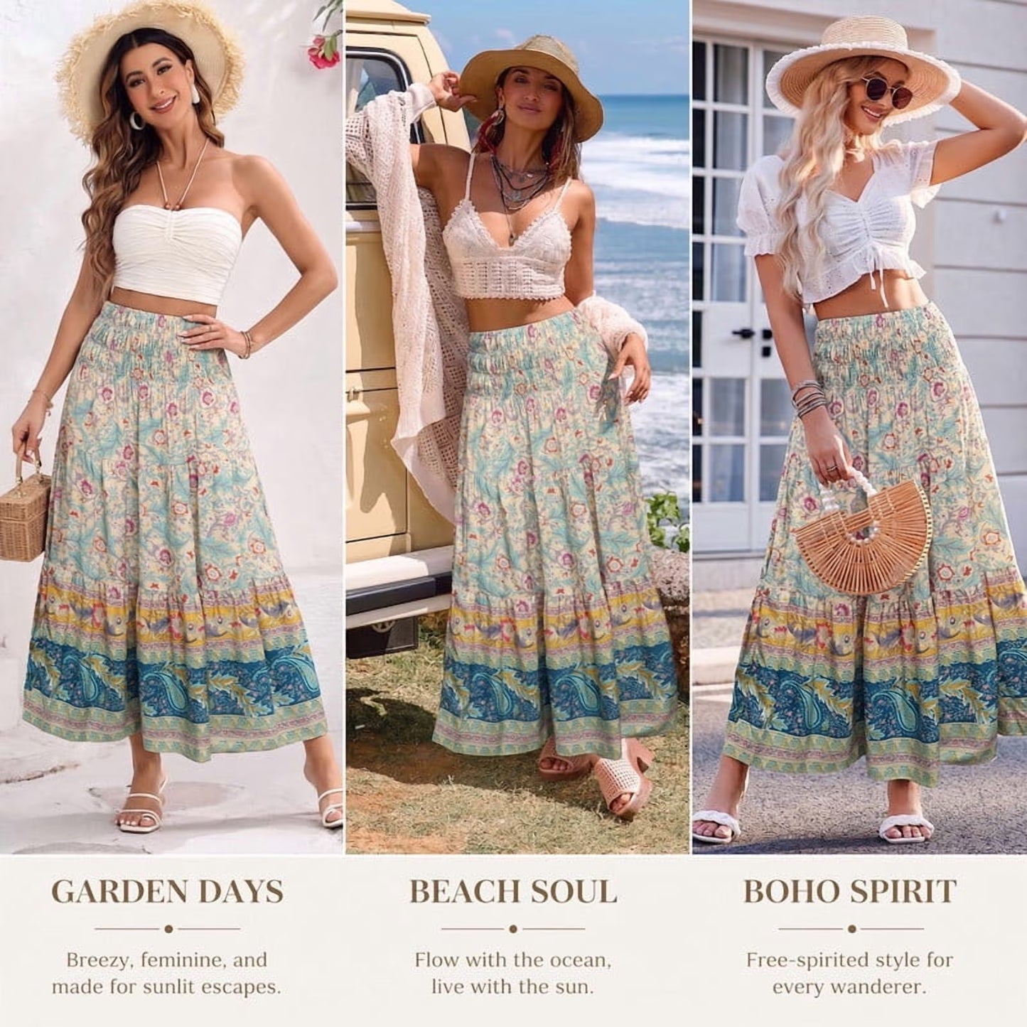 SOMER Skirts for Women Maxi Skirts Bohemian Flowy High Waist A Line Skirts Summer Pleated