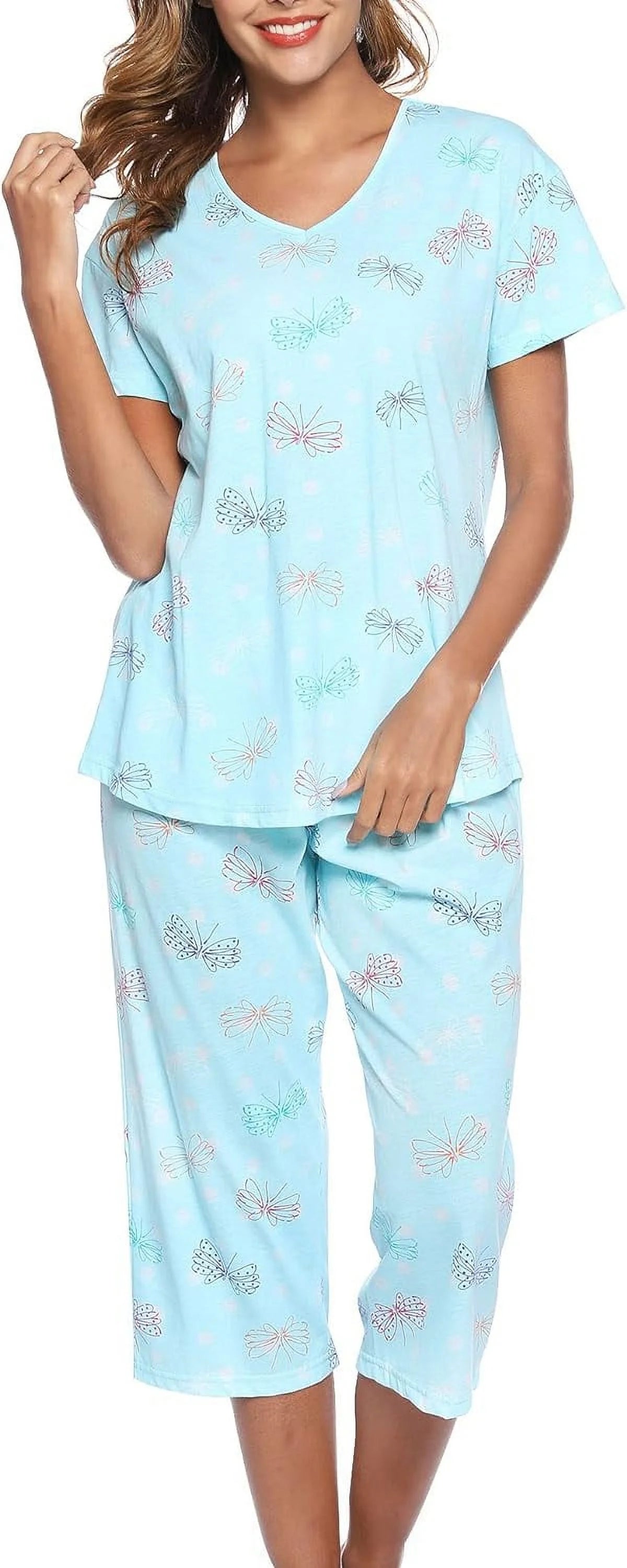 SOMER Womens Pajama Sets Cotton Pj Set Short Sleeve Top With Capri Pants Sleepwear 2 Piece Lounge Set