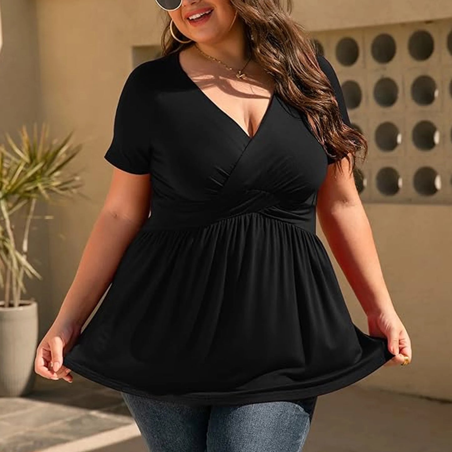SOMER Women's Tops Plus Size T Shirt Short Sleeve V Neck Dressy Wrap Flowy 2025 Summer Black