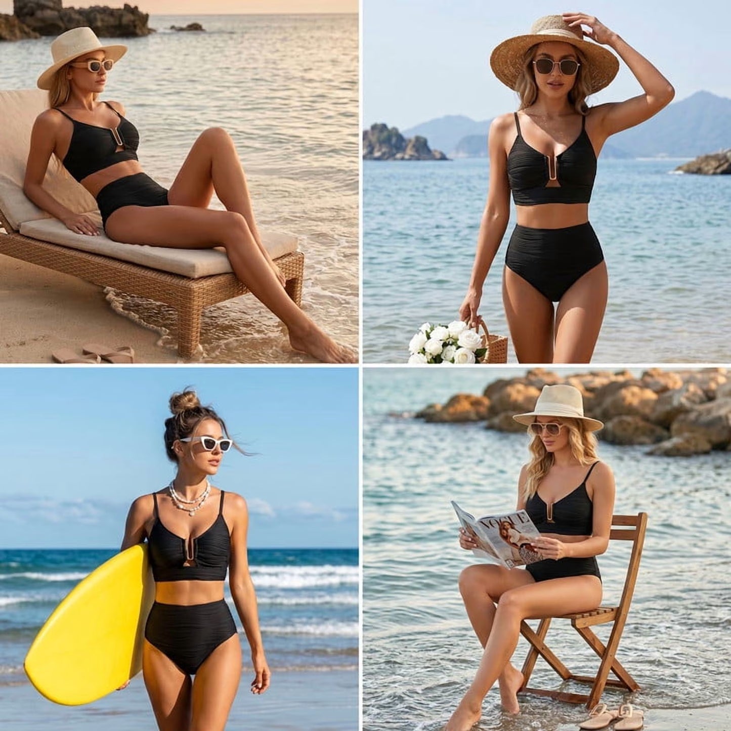 SOMER Bikini Sets for Women U-Wire Cutout High Waisted Two Piece Swimsuit Tummy Control High Cut Bikini Bathing Suits Beach Sets Black