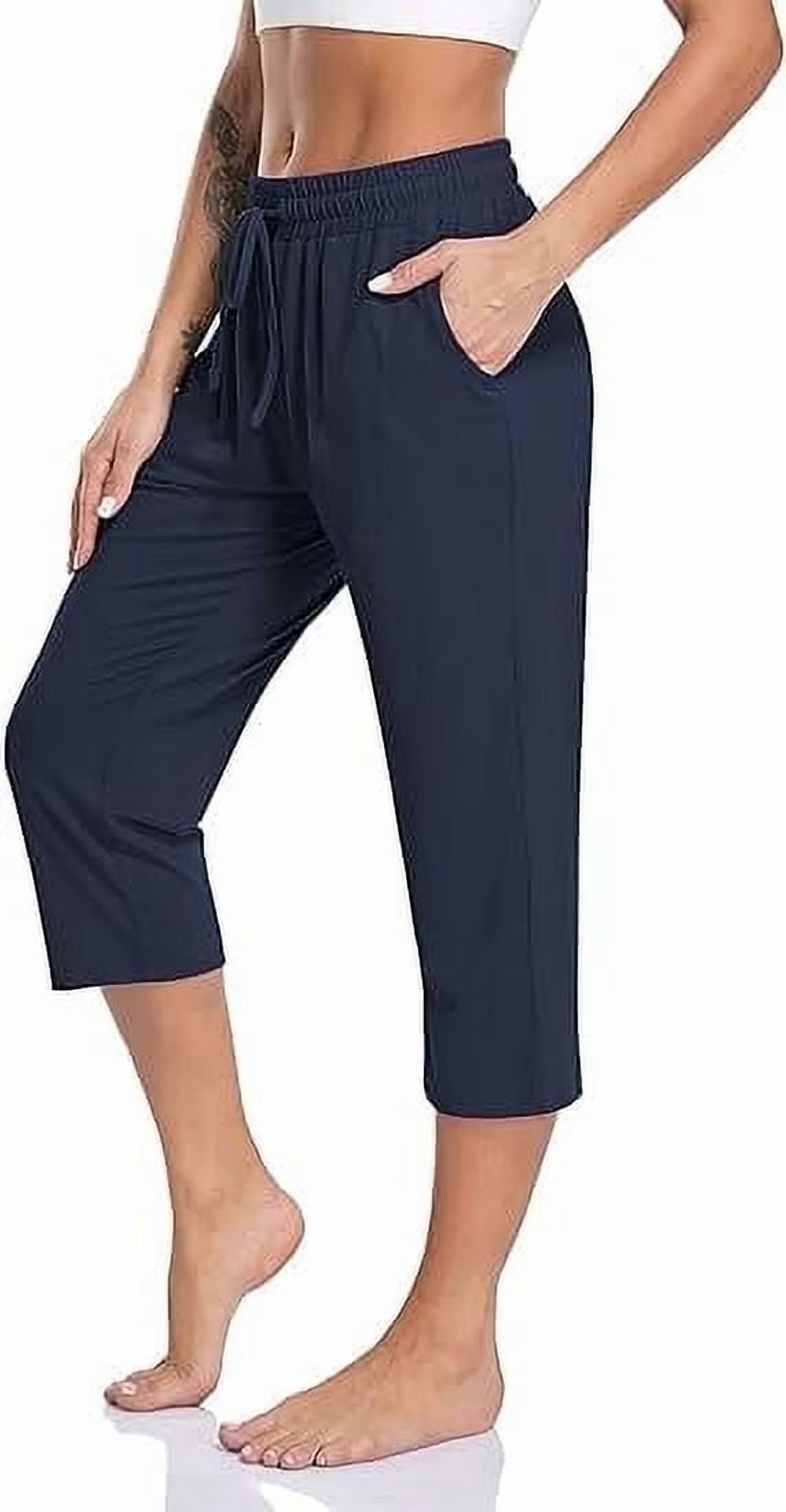 SOMER 2-Pack Yoga Pants with Pockets for Women Capri Flared Pants High Waist Drawstring Workout Pants Casual Work Pants Flare Leggings for Summer