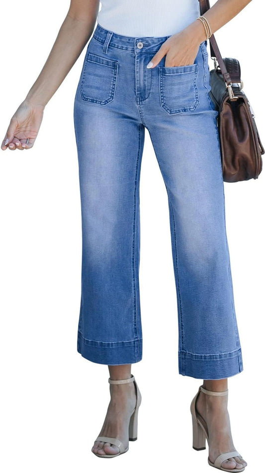Women's Wide Leg Jeans Denim Pants Crop Flare Leg Jeans High Waisted Stretchy Straight Leg with Buttoned AnklesTrendy Casual with Pocket
