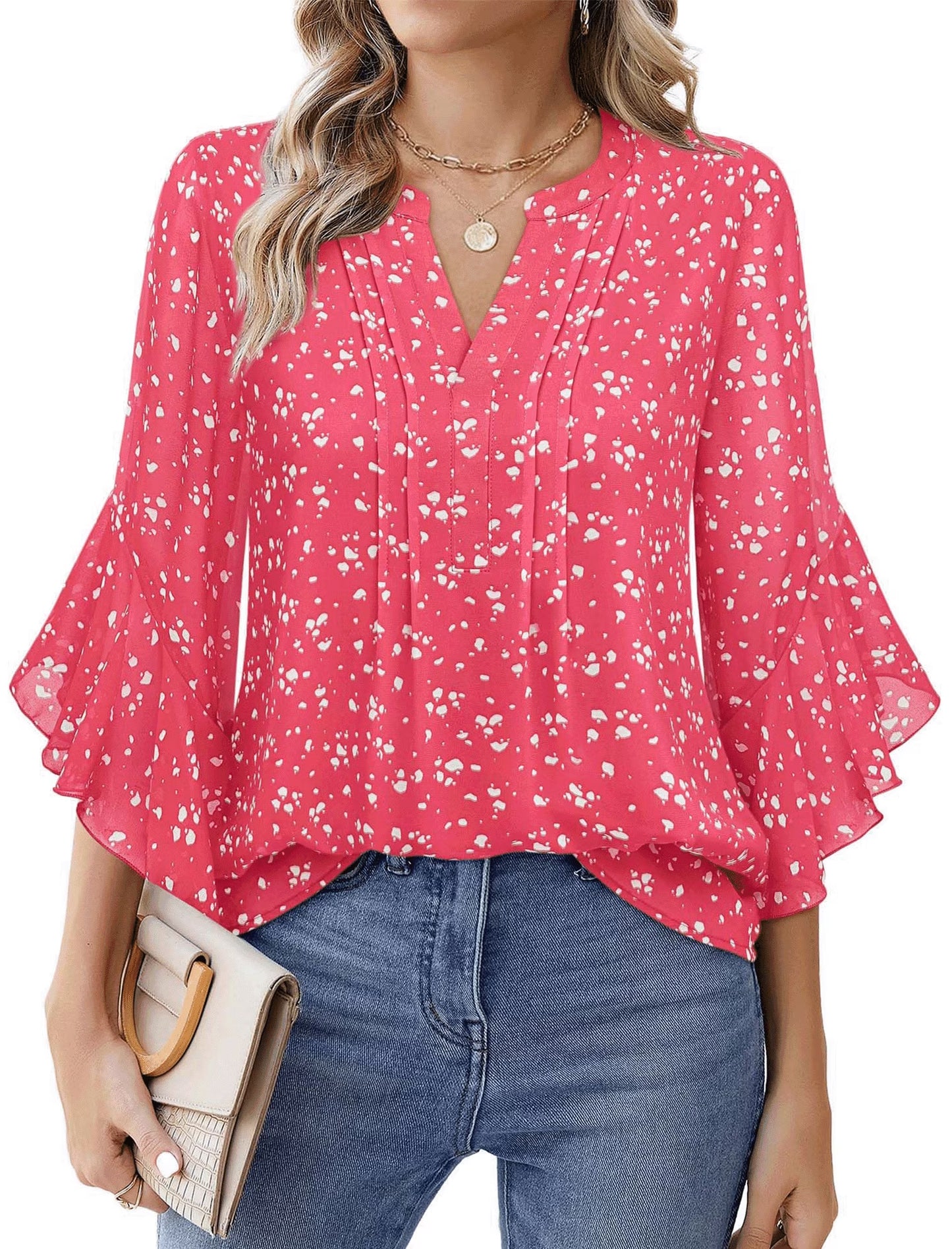 SOMER Women’s Flowy Tops Business Work Top 3/4 Sleeve Blouses V-Neck Summer Dressy Casual Shirts Red