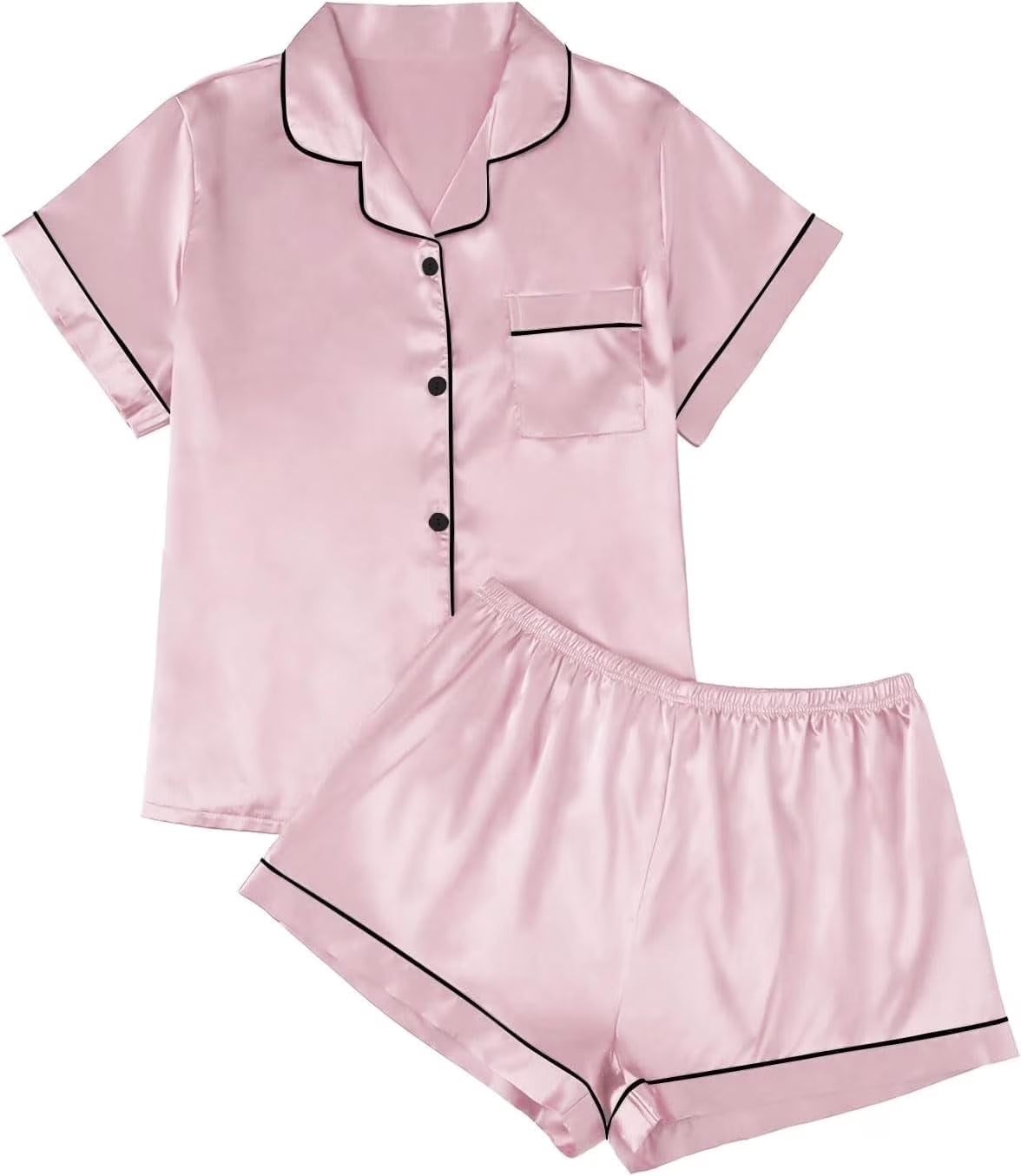 SOMER 2 Piece Pajama Set For Women Silk Satin Lounge Pjs Shorts Matching Summer Sleepwear Button Down Shirt Shorts Black.