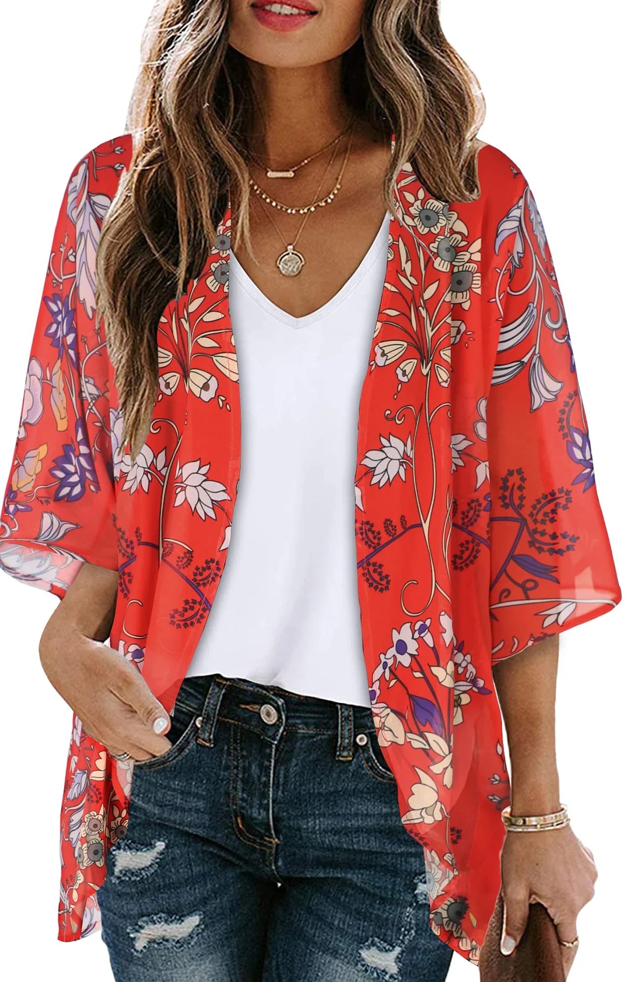 SOMER Women’s Swimsuit Cover Up 3/4 Sleeve Floral Kimono Lightweight Bikini Bathing Suit Cover Up Loose Fit Beachwear for Summer