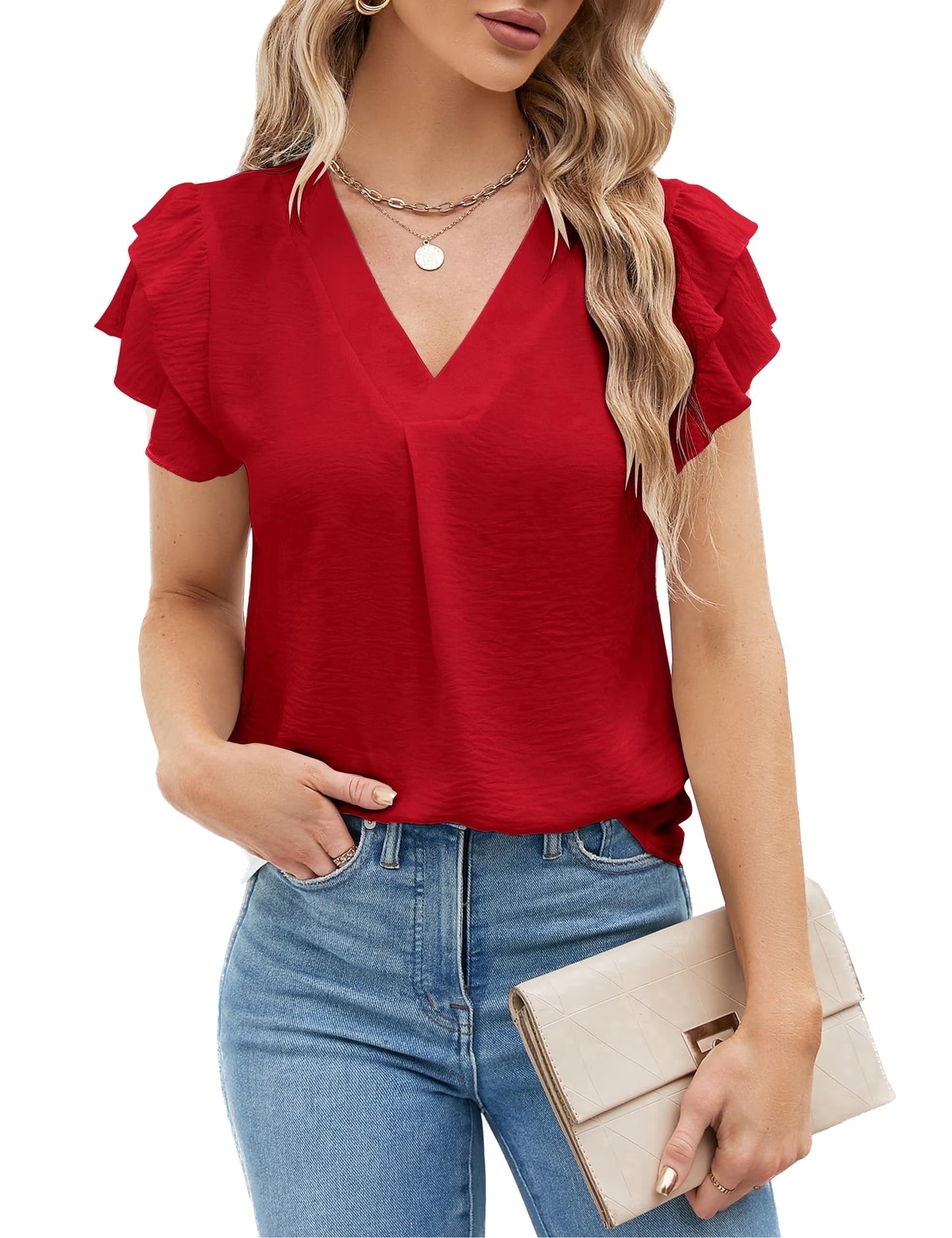 SOMER Womens Dressy Shirts Ruffle Short Sleeve V Neck Work Blouse Business Casual Summer Cute Tops 2026 Black XL