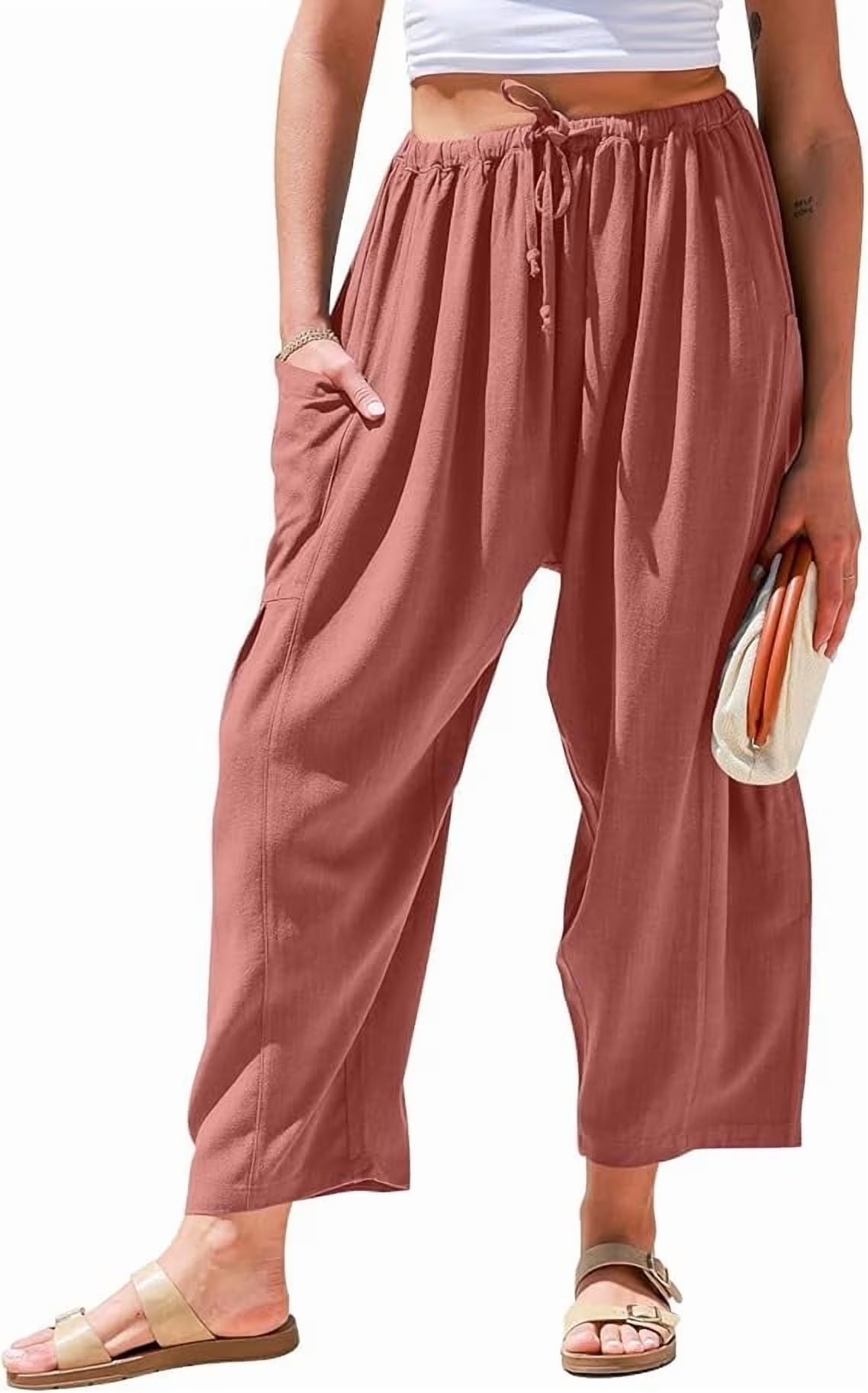 SOMER Womens Wid e Leg Pants Flowy Casual Drawstring Waist Wide Leg Loose Linen Palazzo Harem Pants with Pocket 2026