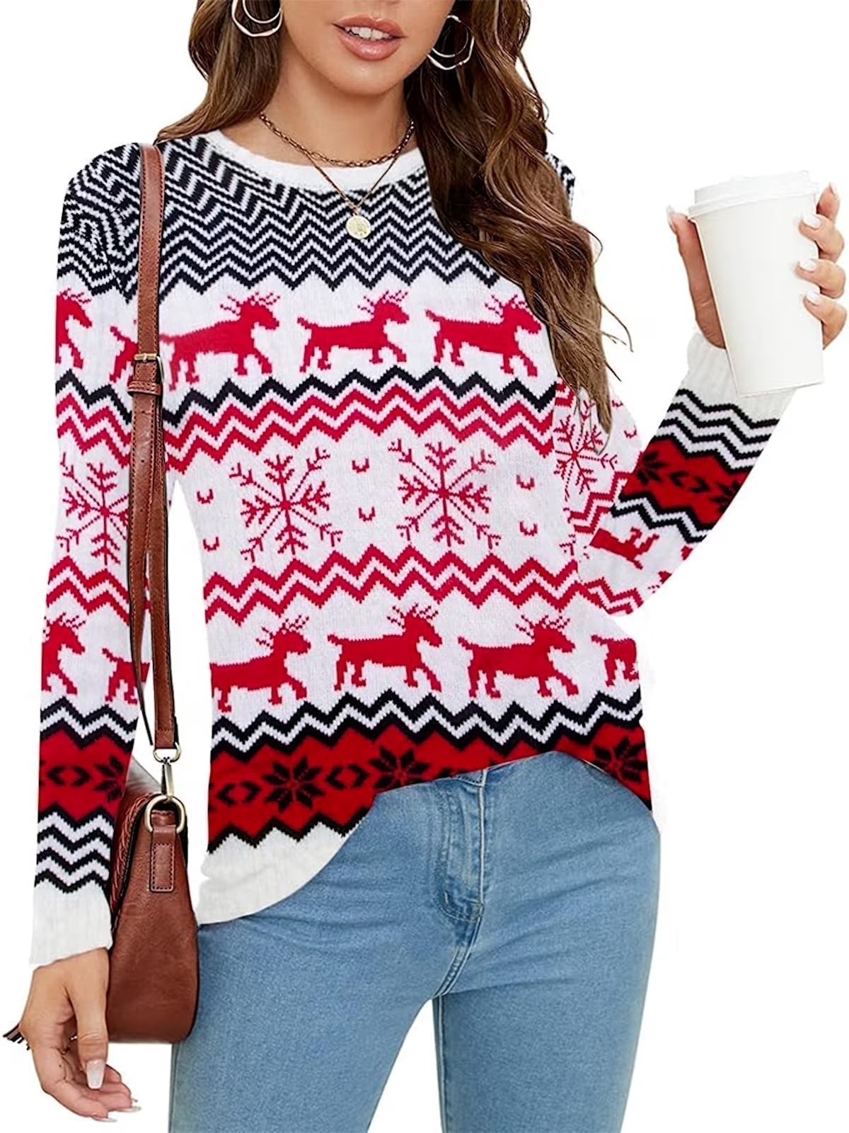 SOMER Ugly Christmas Sweater 2-Piece Set for Women & Men Warm Thick Knit Pullover Reindeer Snowflake Tops for Family Couples Holiday Party New Year Red