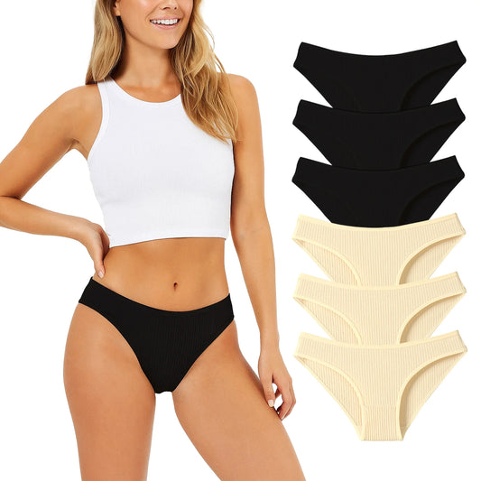 SOMER 6 Pack Women's Breathable Underwear Soft Strech Threaded Triangle Low Rise Hipster, Moisture Wicking, 3 Pieces Black + 3 Pieces Apricot