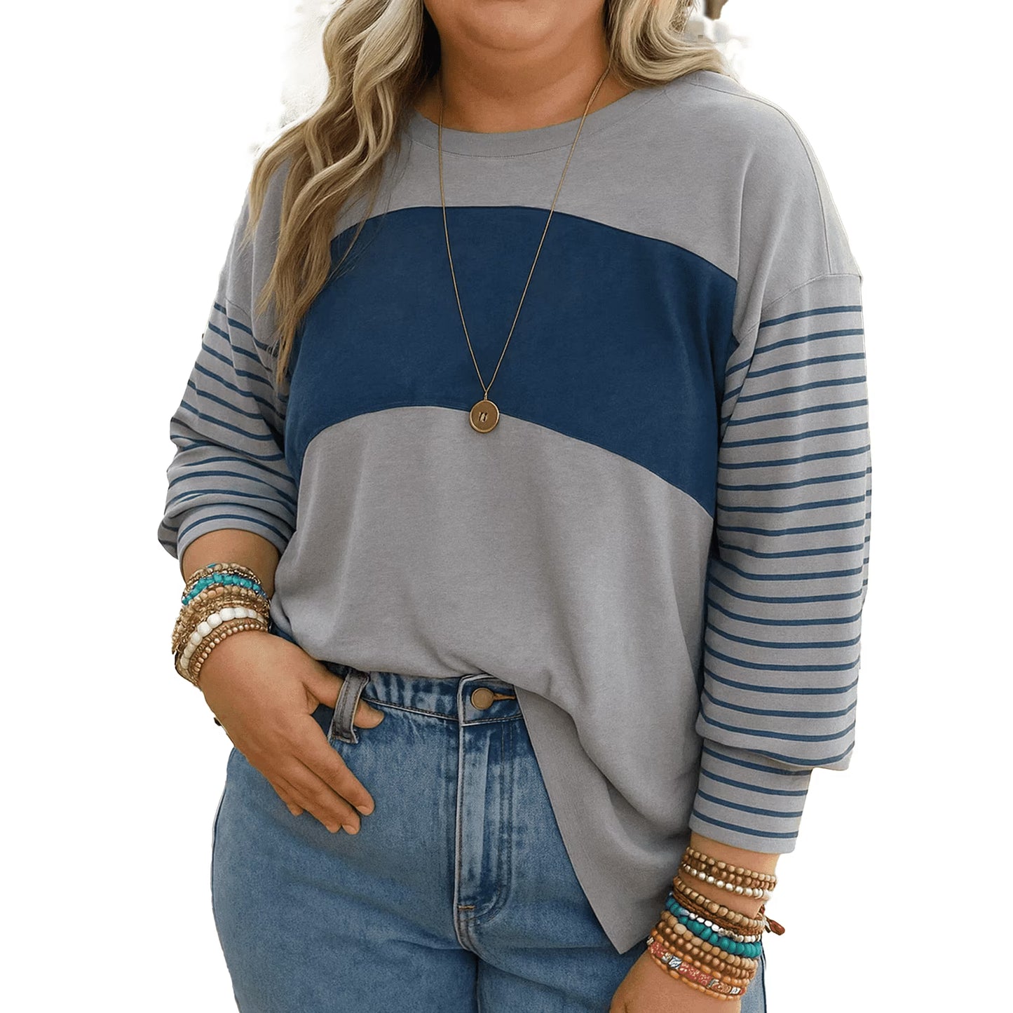 SOMER Women Blouses Plus Size Tops Long Sleeve Trendy Round Crew Neck Casual Color Block Womens Shirts Blouses