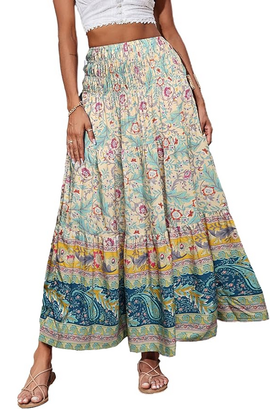 SOMER Skirts for Women Maxi Skirts Bohemian Flowy High Waist A Line Skirts Summer Pleated