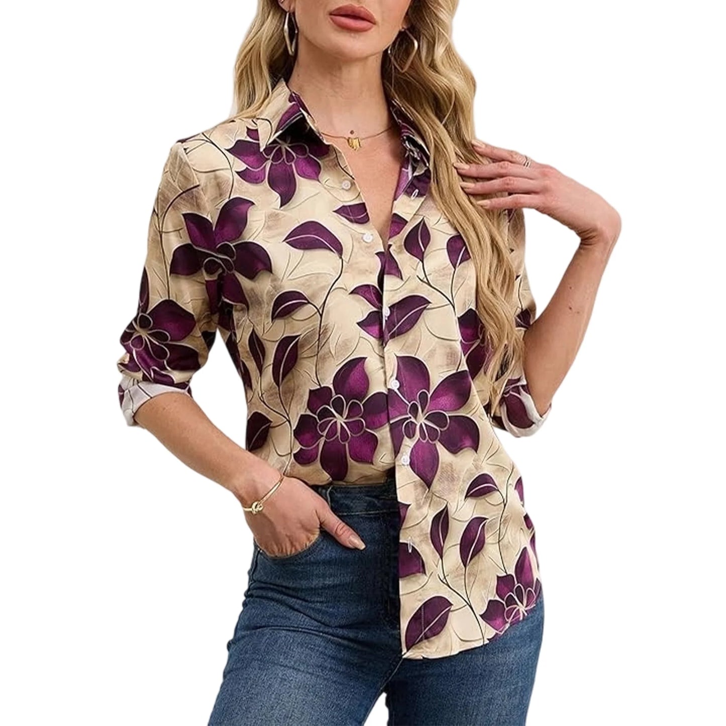 SOMER Women Silky Button Down Shirts Fashion Printed Wrinkle-Resistant Long Sleeve Blouse Dressy Casual Tops