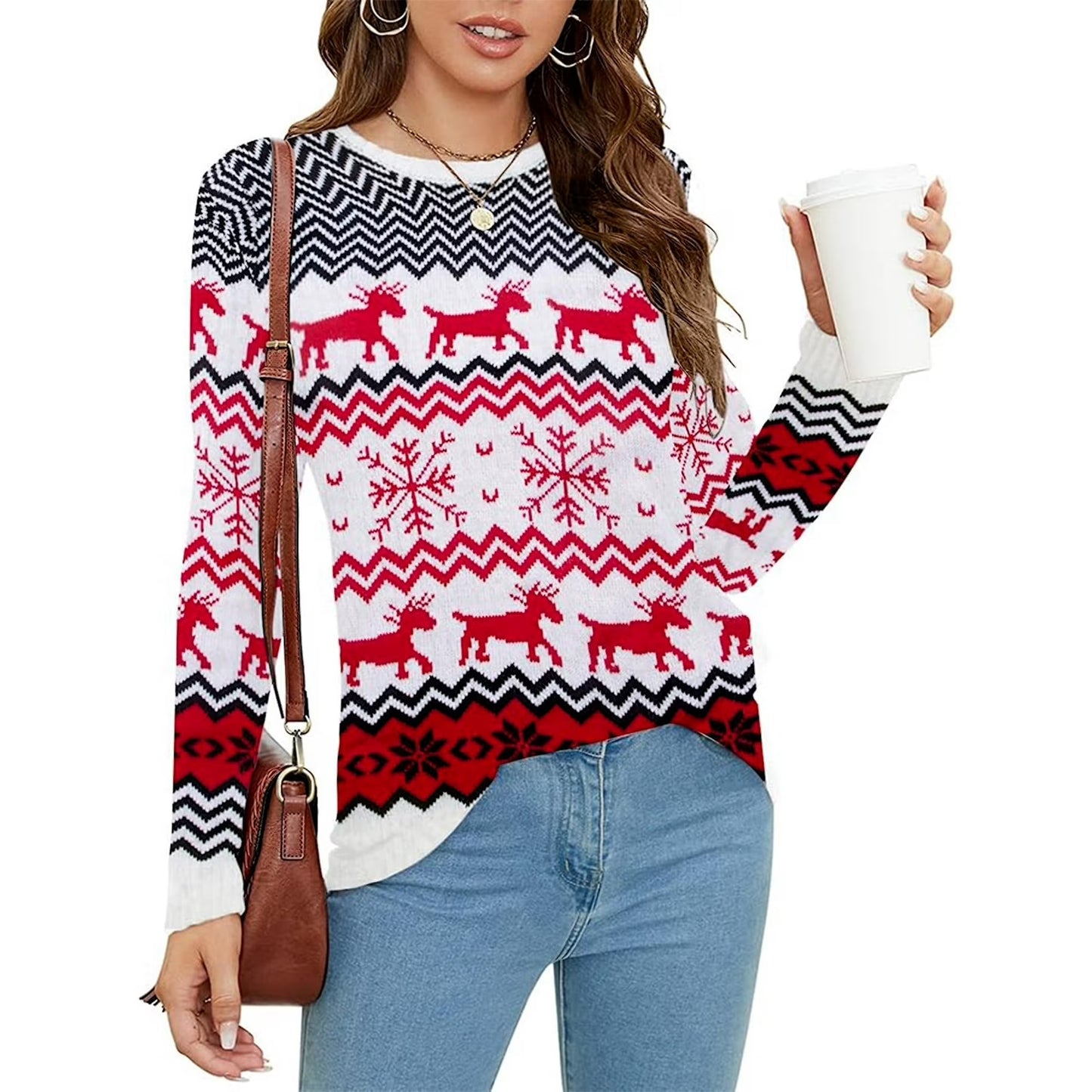 SOMER Women Christmas Sweater Family Couples Warm Thick Casual Knitted Pullover Top Xmas Elk Snowflake Reindeer Sweatshirt for Holiday Party New Year