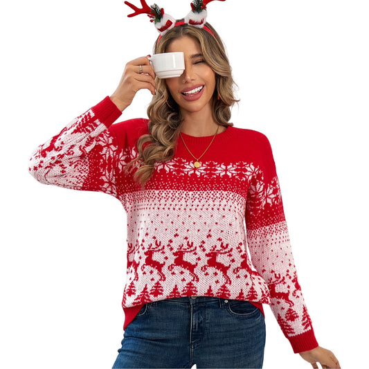 SOMER Women Christmas Sweater Warm Long Sleeve Casual Knitted Pullover Top Xmas Elk Snowflake Reindeer Sweatshirt for Holiday Party New Year
