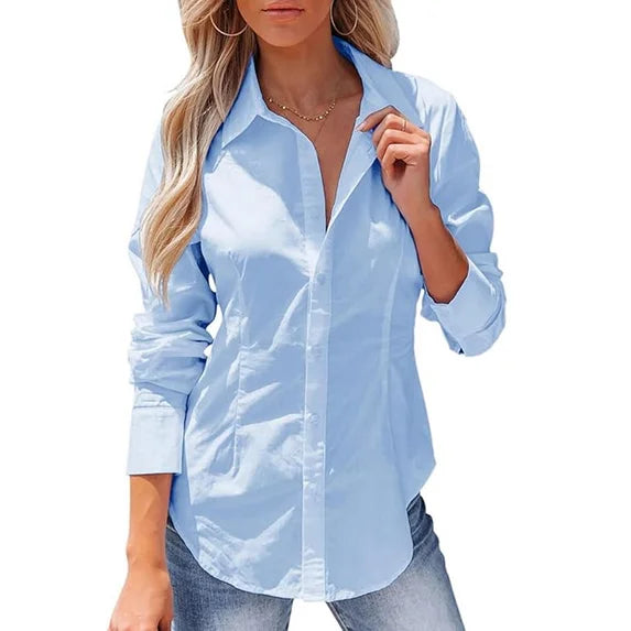 SOMER Women's Blue Button Down Shirts Long Sleeve Wrinkle Free Collared Work Office Solid Blouses Tops
