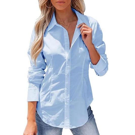 SOMER Women's Blue Button Down Shirts Long Sleeve Wrinkle Free Collared Work Office Solid Blouses Tops