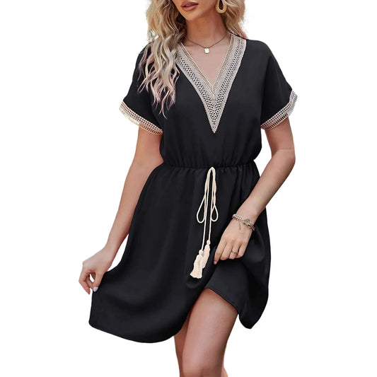 SOMER Dresses for Women Casual Wedding Guest Dress Short Sleeve V Neck Tie Front Flowy Black Maxi Cocktail Dresses for Women Summer Fall 2025