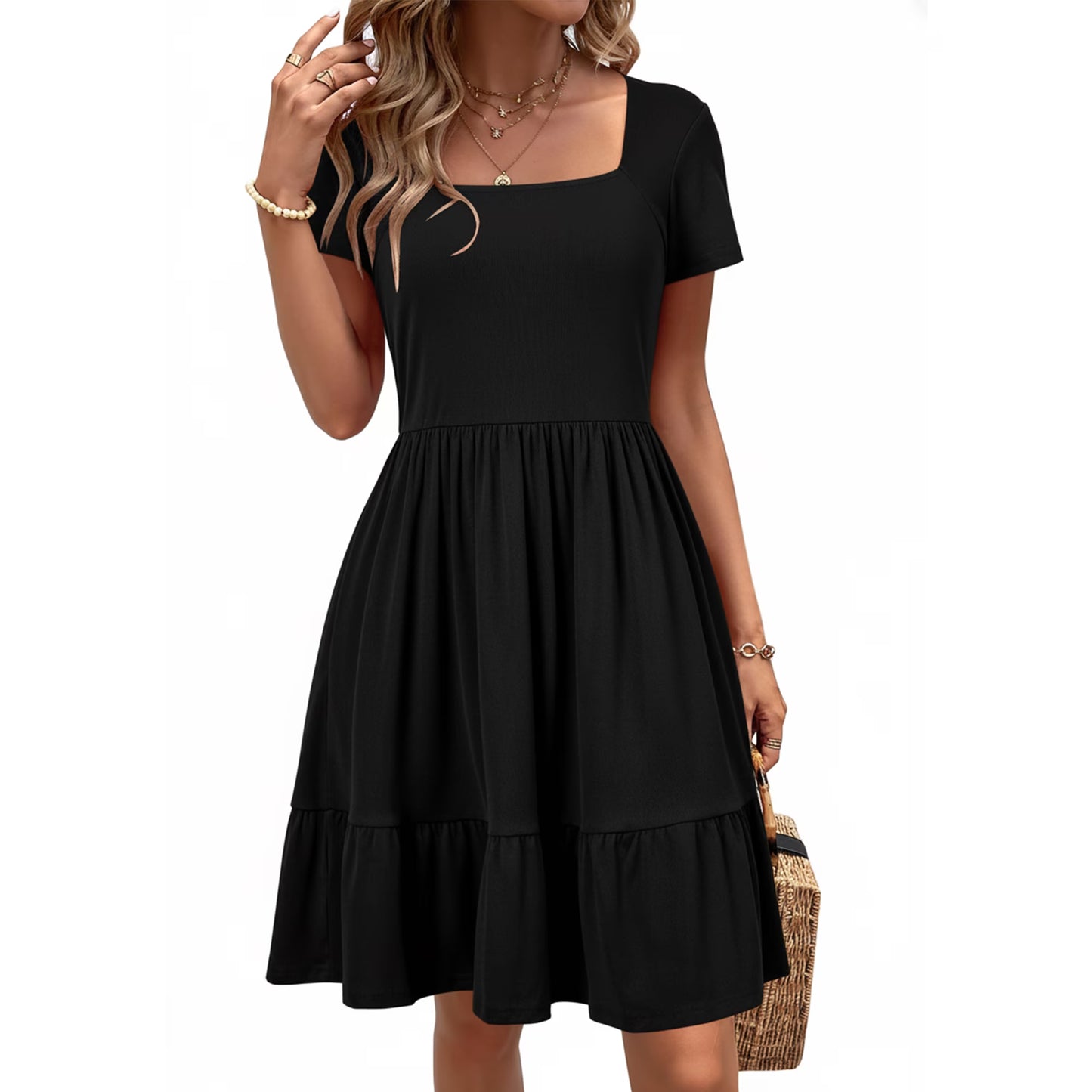 SOMER Women’s Dress Square Neck Sundress Short Sleeve Formal Ruffle Flowy Business Casual Midi Dress with Pockets 2026 Spring Black