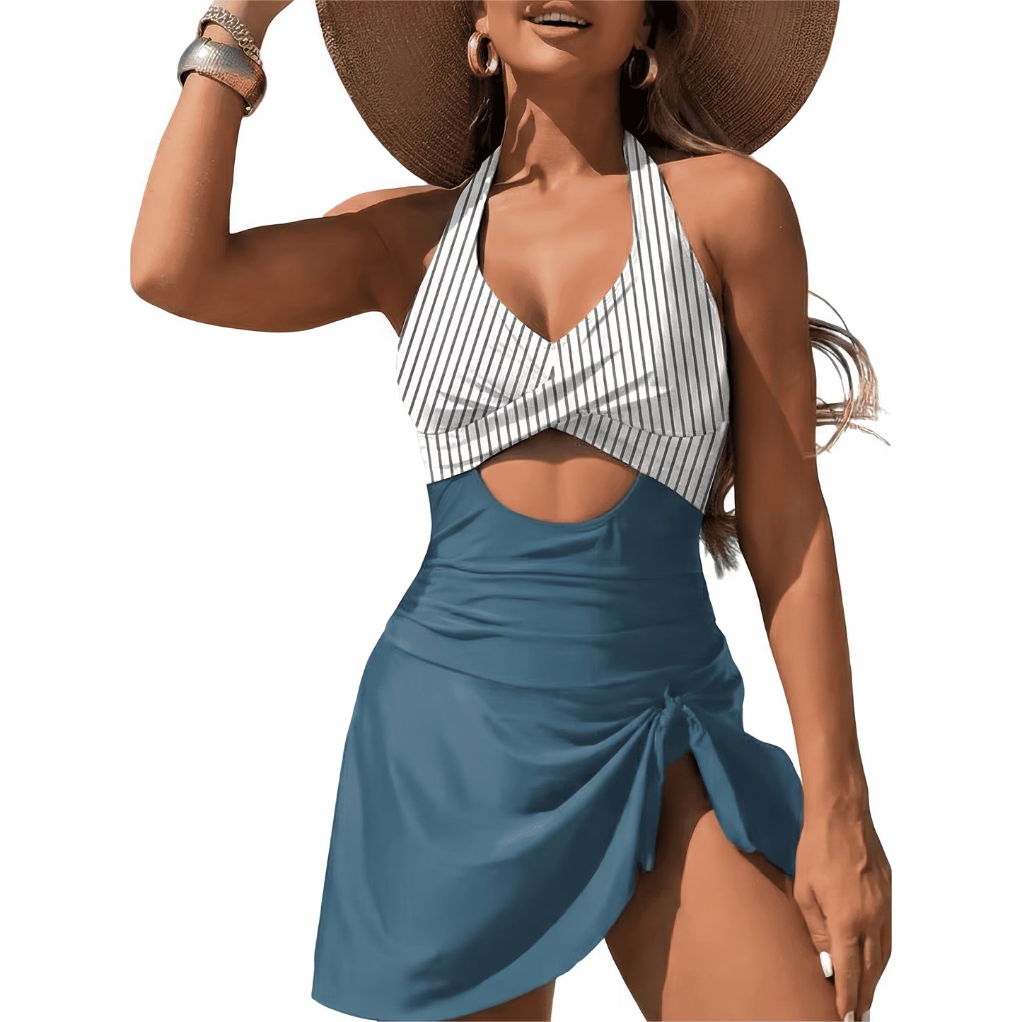 SOMER Women's One Piece Swimsuit Tummy Control Bathing Suits Push Up Swimdress Cutout V Neck Skirt Swimwear