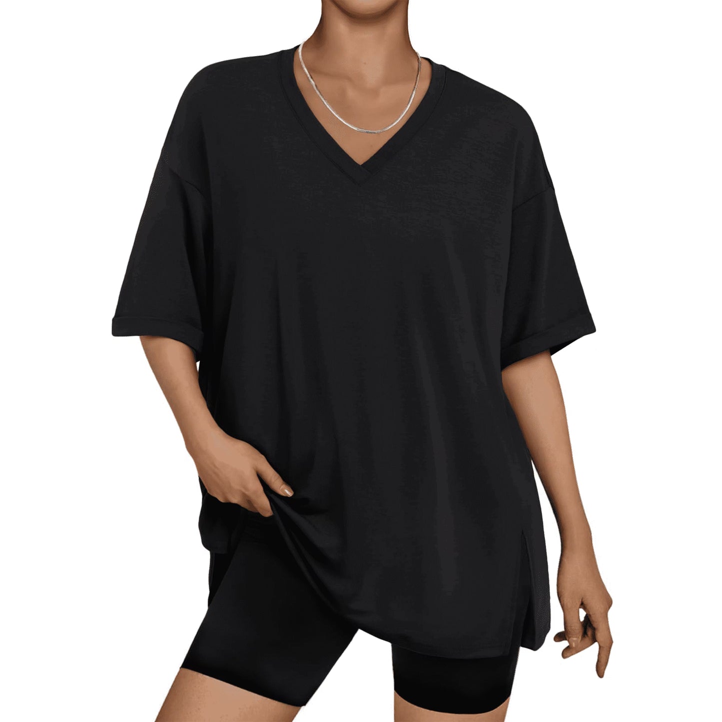 SOMER Womens Shirts Oversized Tshirts for Women Short Sleeve V Neck Slit Hem Summer Tops Gray Workout T Shirts Loose Fit Basic Tee