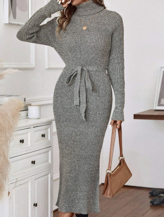 SOMER Sweater Dresses for Women 2024 Fall Long Sleeve Knit Dress High Neck Tie Waist Slim Fit Bodycon Midi Dresses Maxi Pullover