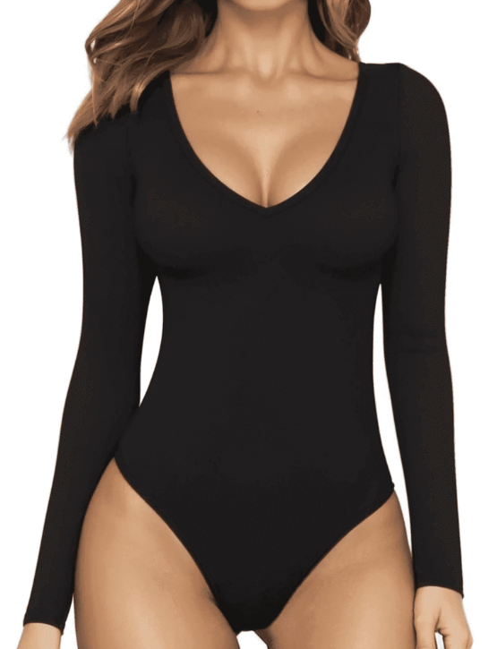 SOMER Body Suit Tummy Control Deep V Neck Long Sleeve Tops Black Bodysuit for Women Clothing